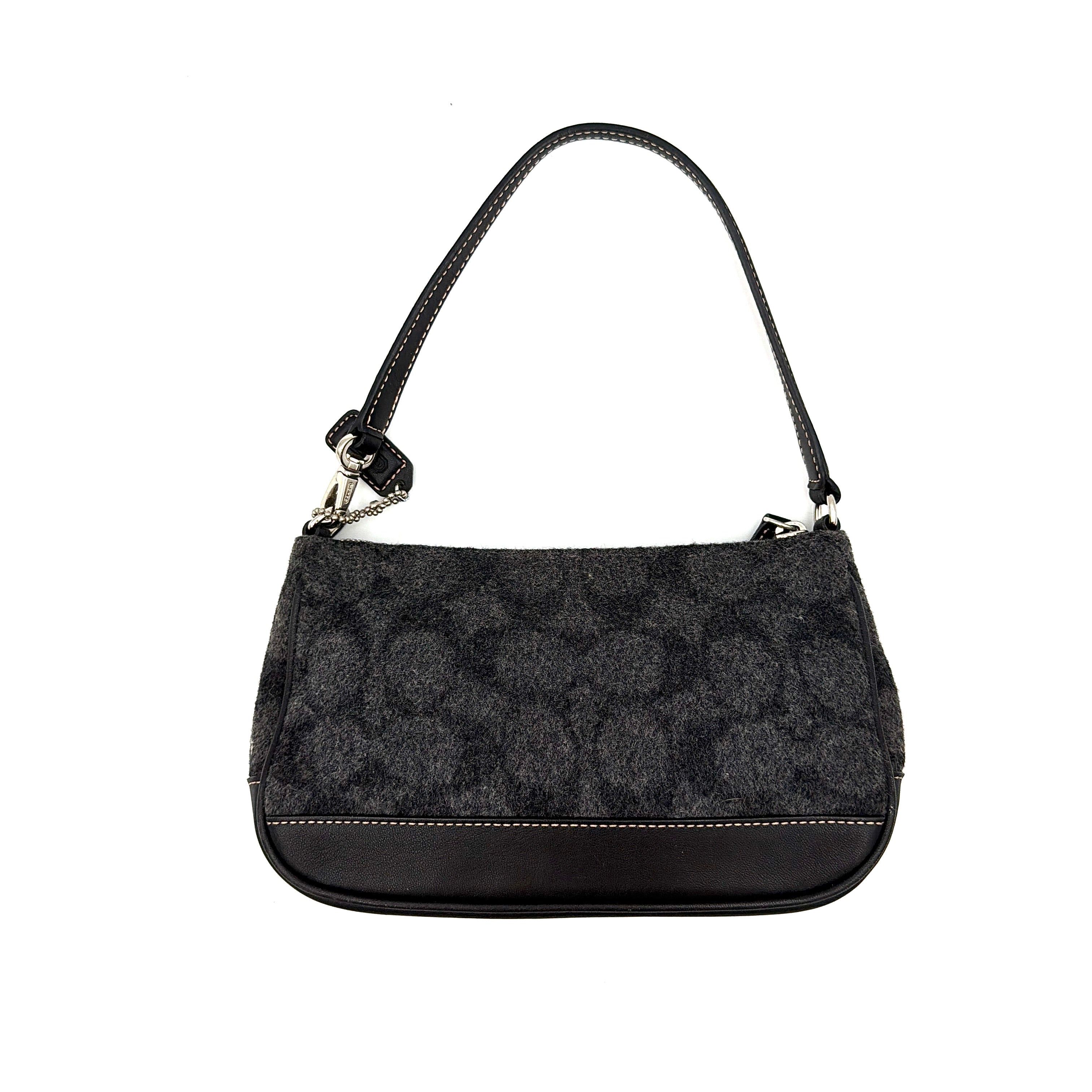 Coach Y2K Wool Demi Shoulder Bag in black and grey with monogram pattern, leather trim, and silver-tone details.