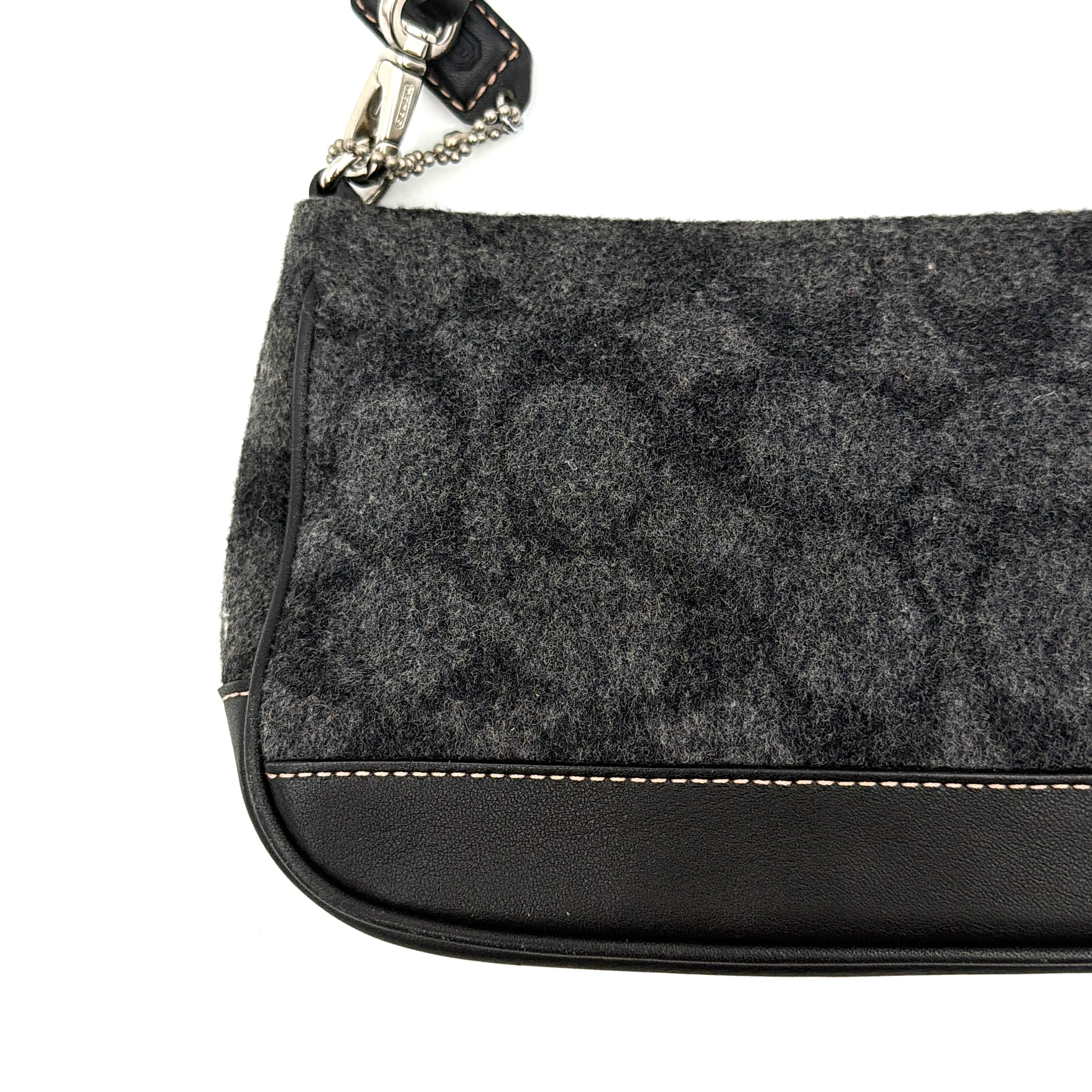 Coach Y2K Wool Demi Shoulder Bag in black and grey with monogram pattern, leather trim, and silver-tone details.