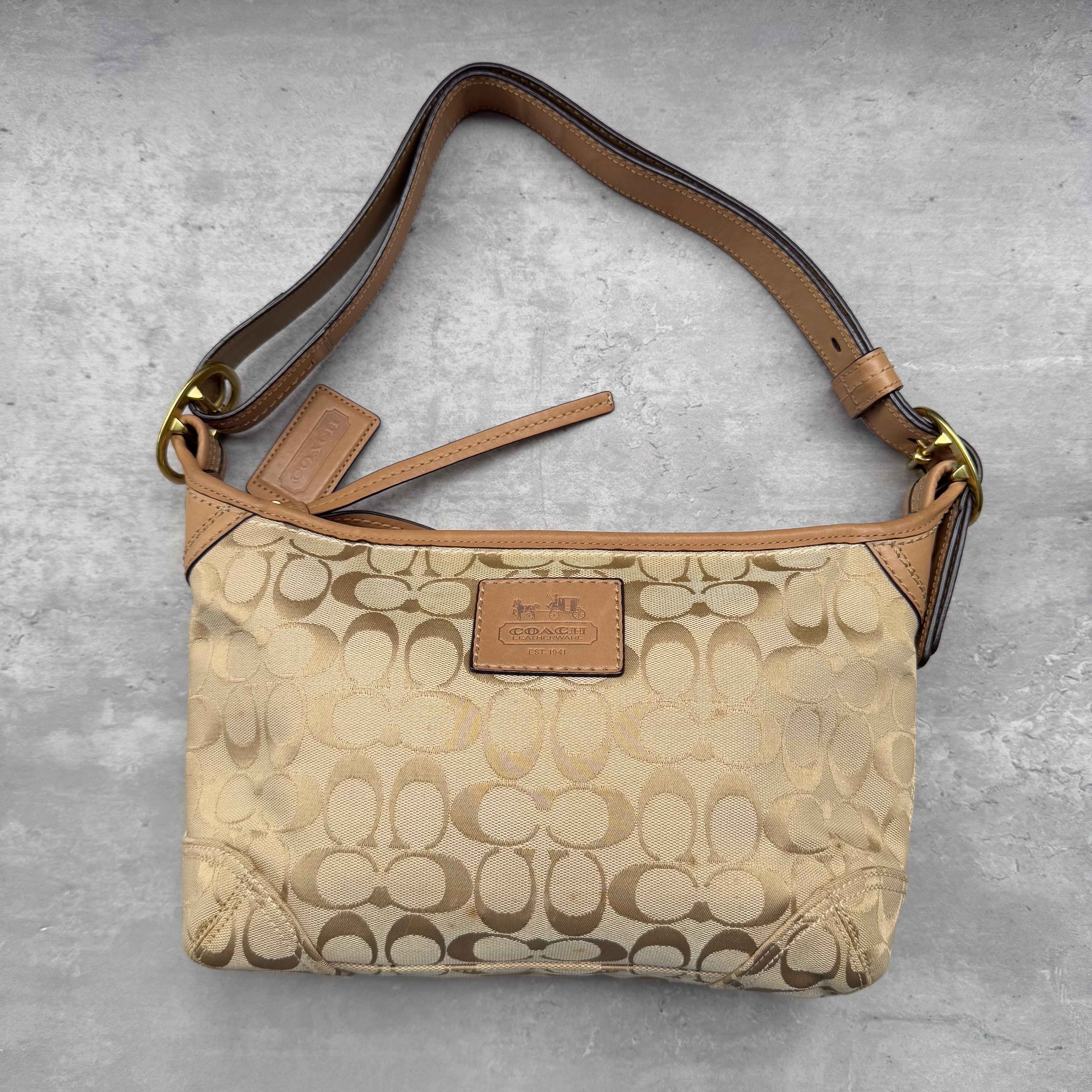 Coach Signature Canvas Hobo Crossbody Shoulder Bag Beige