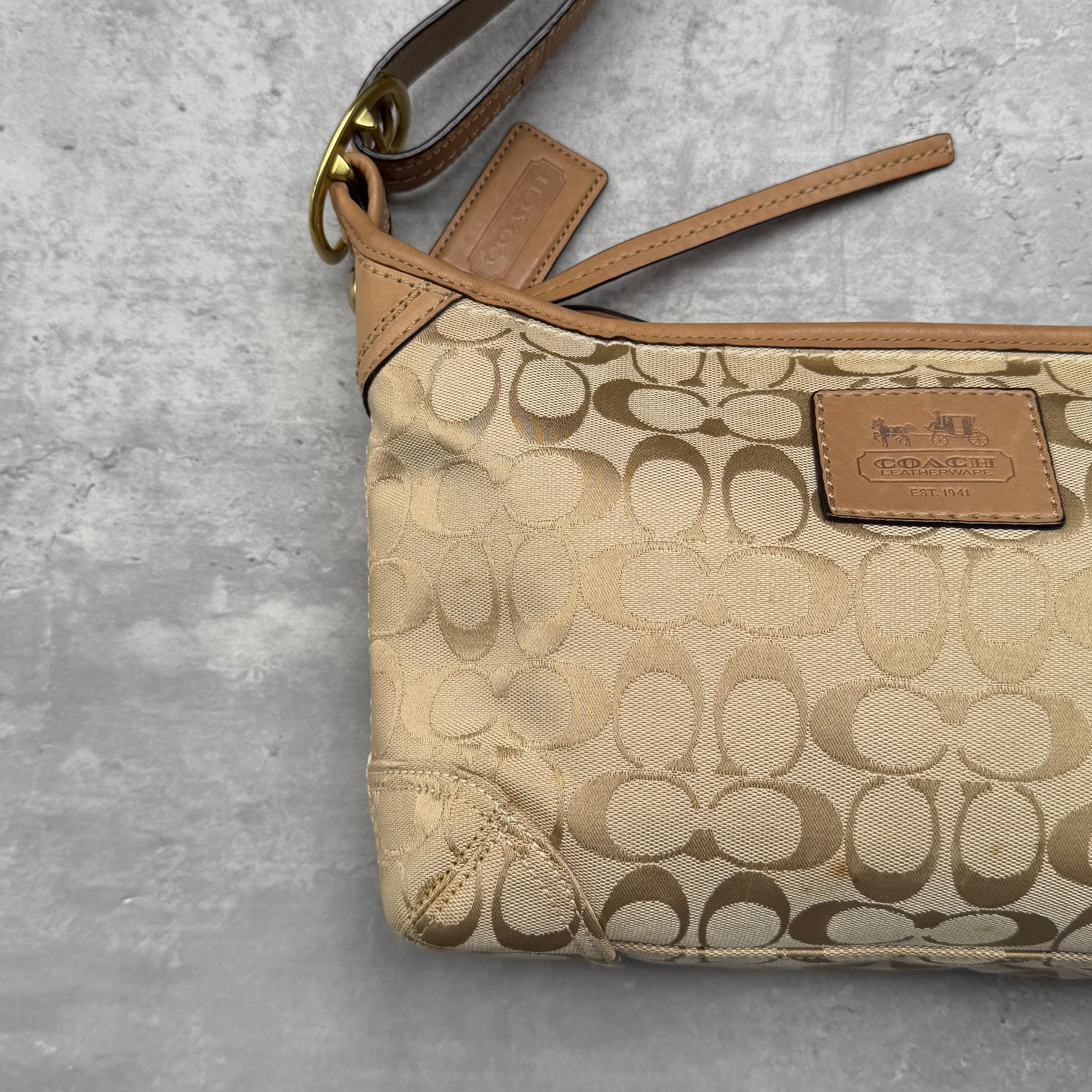 Coach Signature Canvas Hobo Crossbody Shoulder Bag Beige