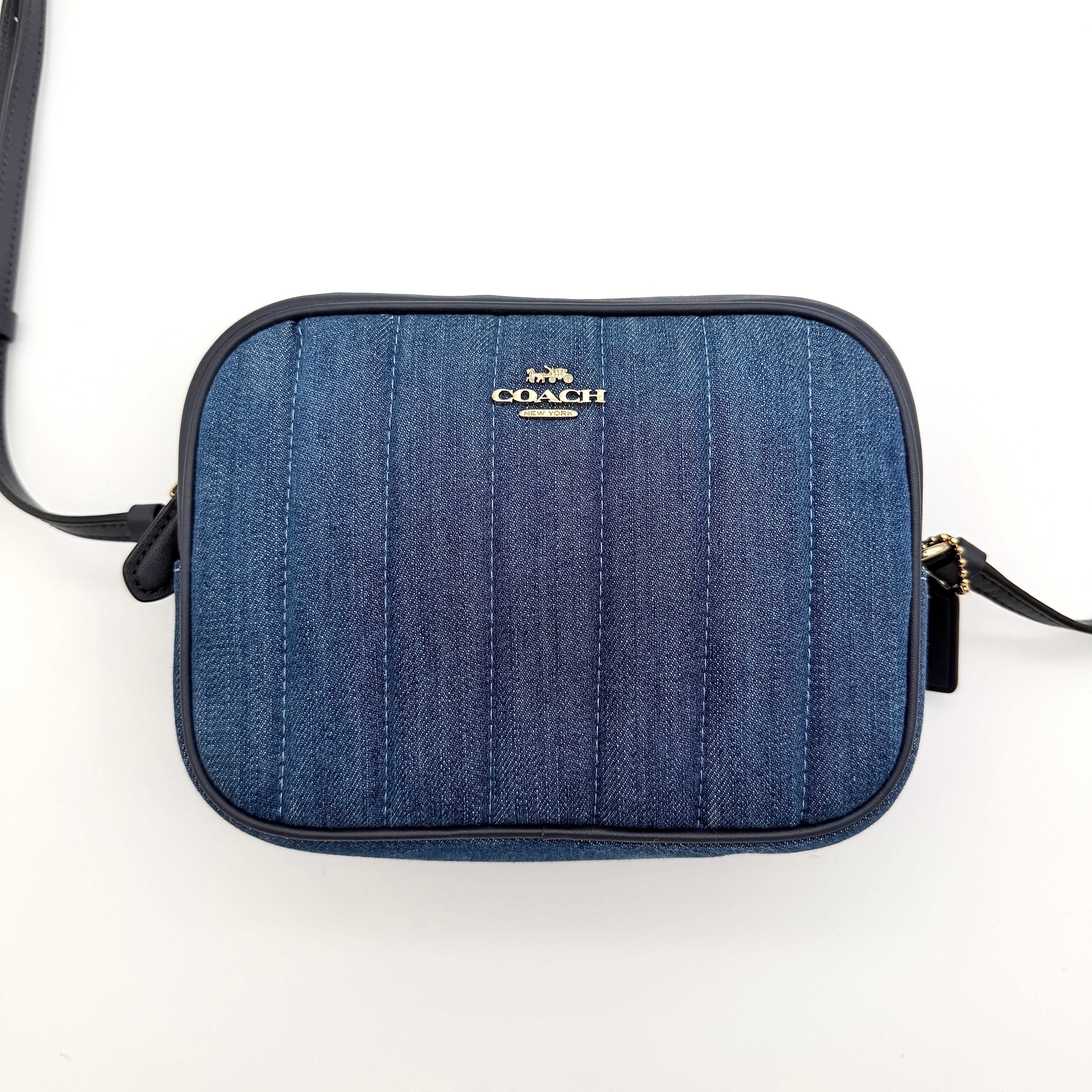 Coach Jamie Quilted Denim Mini Camera Crossbody Bag Blue