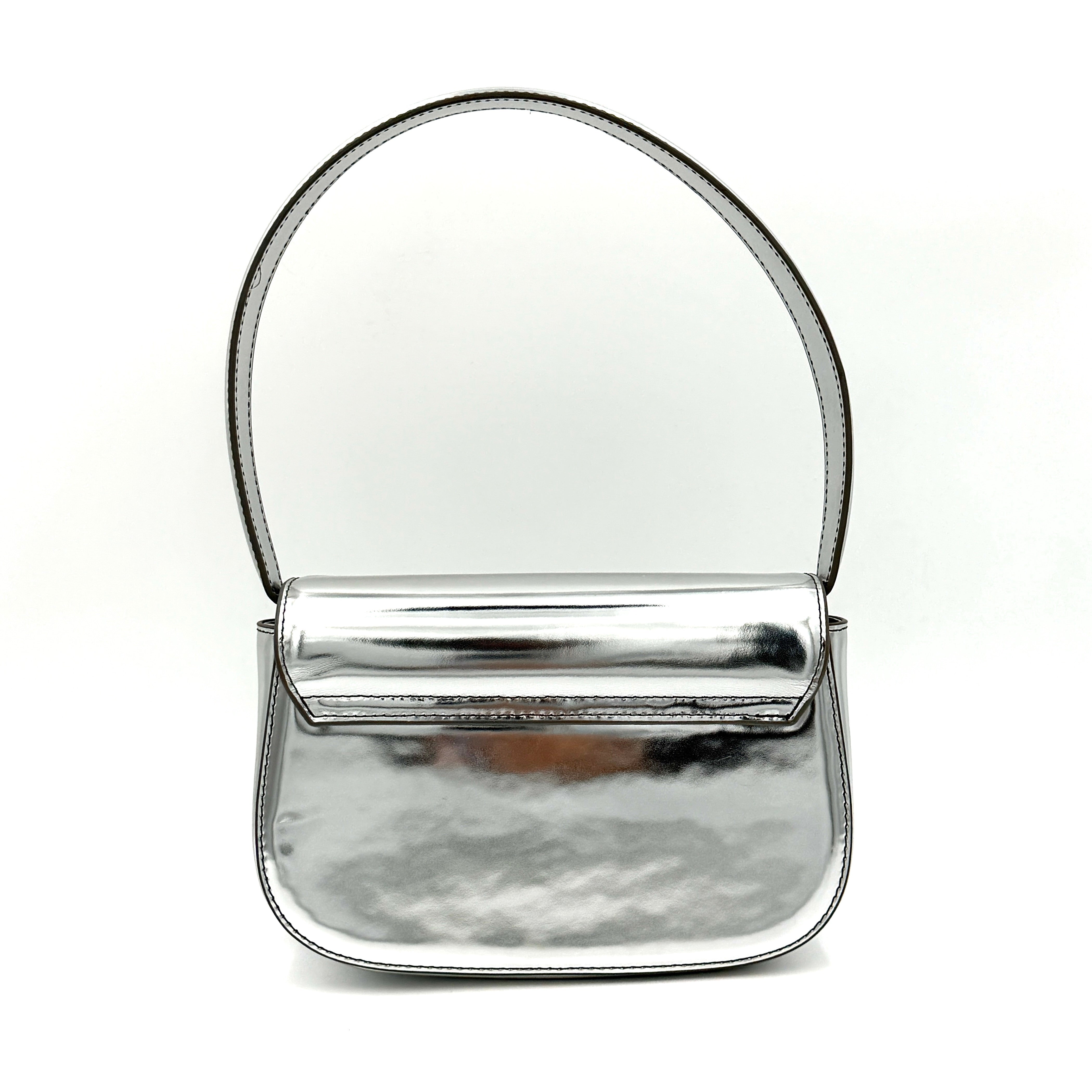 Diesel 1DR 2Way metallic silver shoulder bag with sculptural D logo and detachable strap displayed against a plain background.