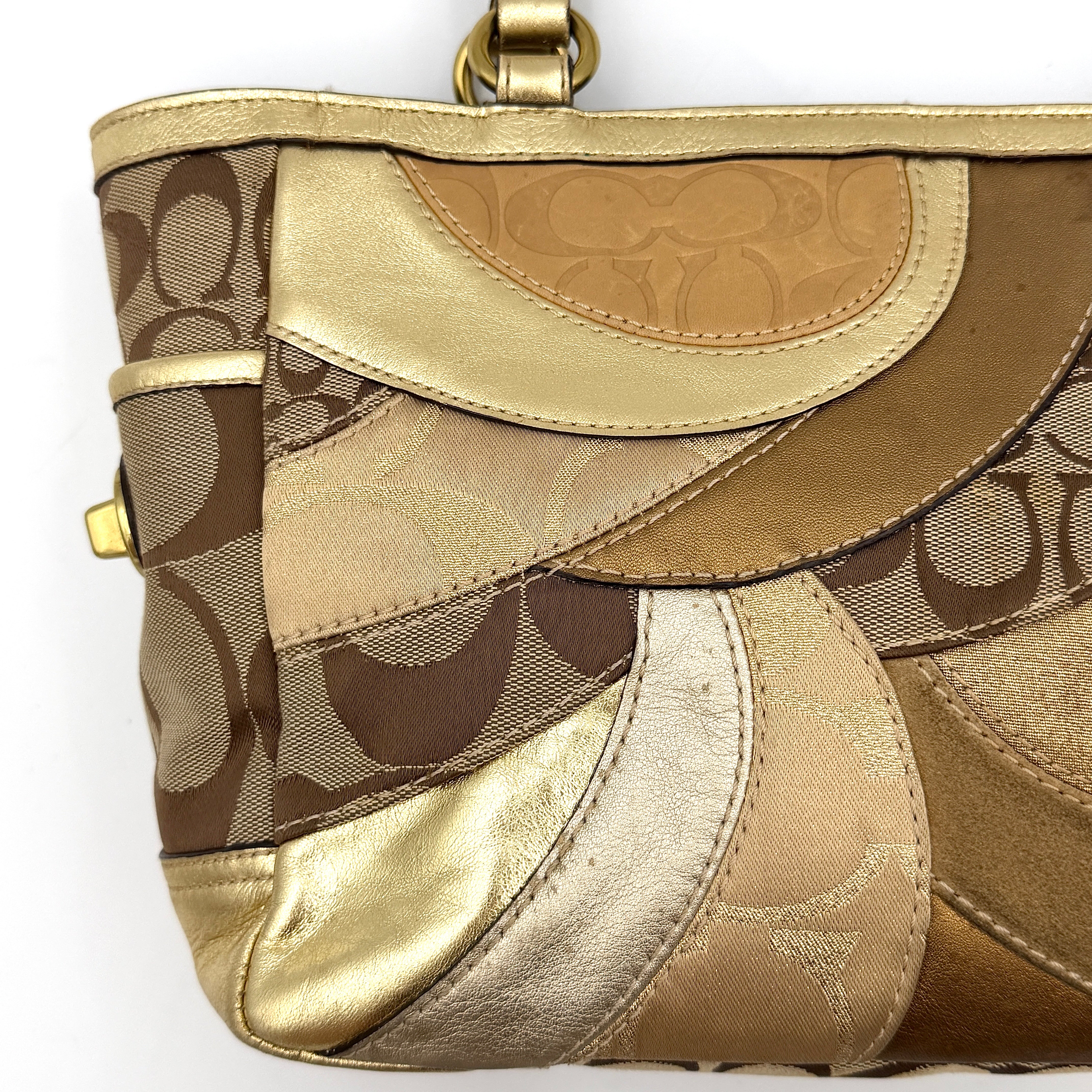 Coach Gallery Tote in a geometric patchwork of gold, beige, and tan with signature monogram and metallic leather against a white background.