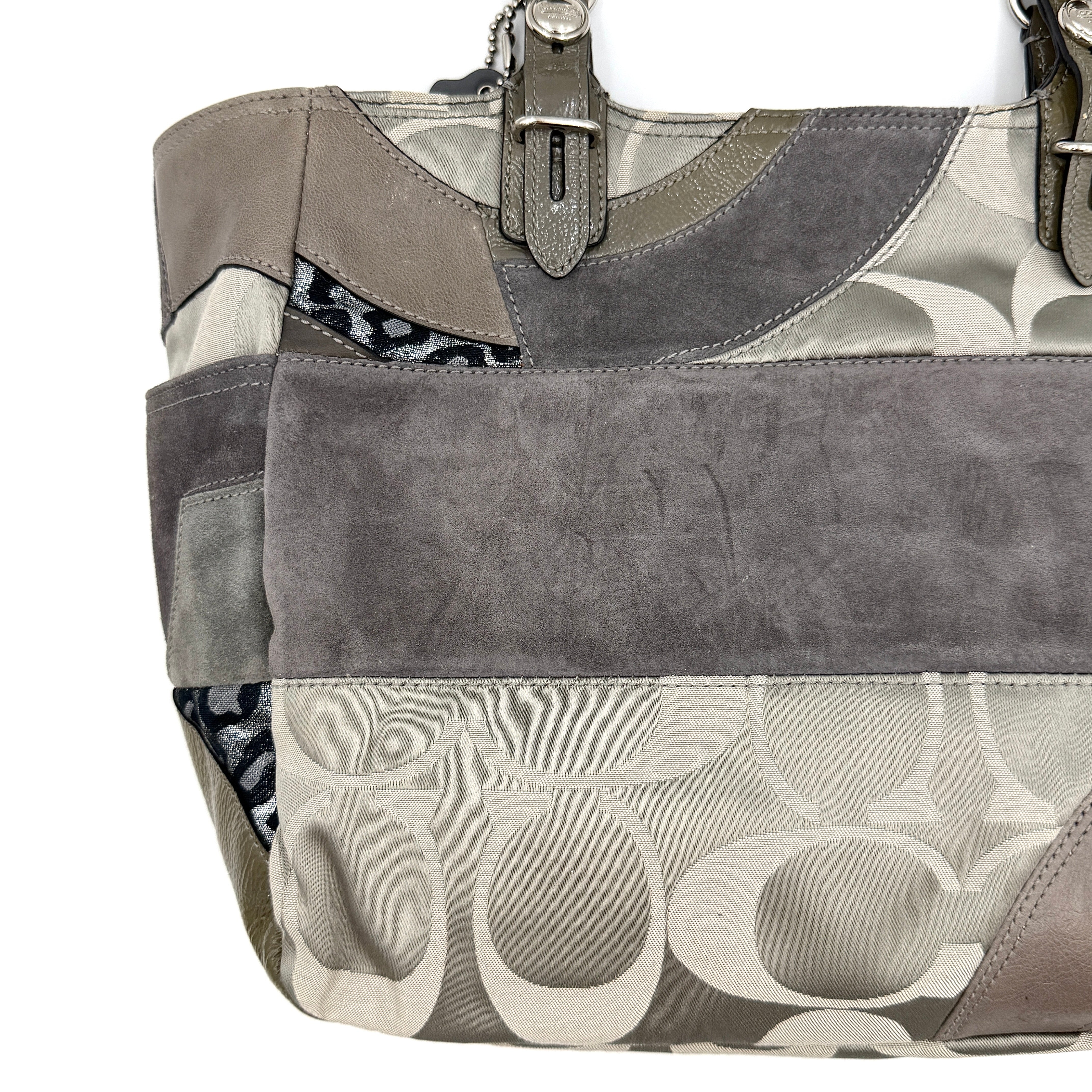 Coach Y2K patchwork tote in grey tones with jacquard, suede, and ocelot-print panels, shown with double handles and signature tag.