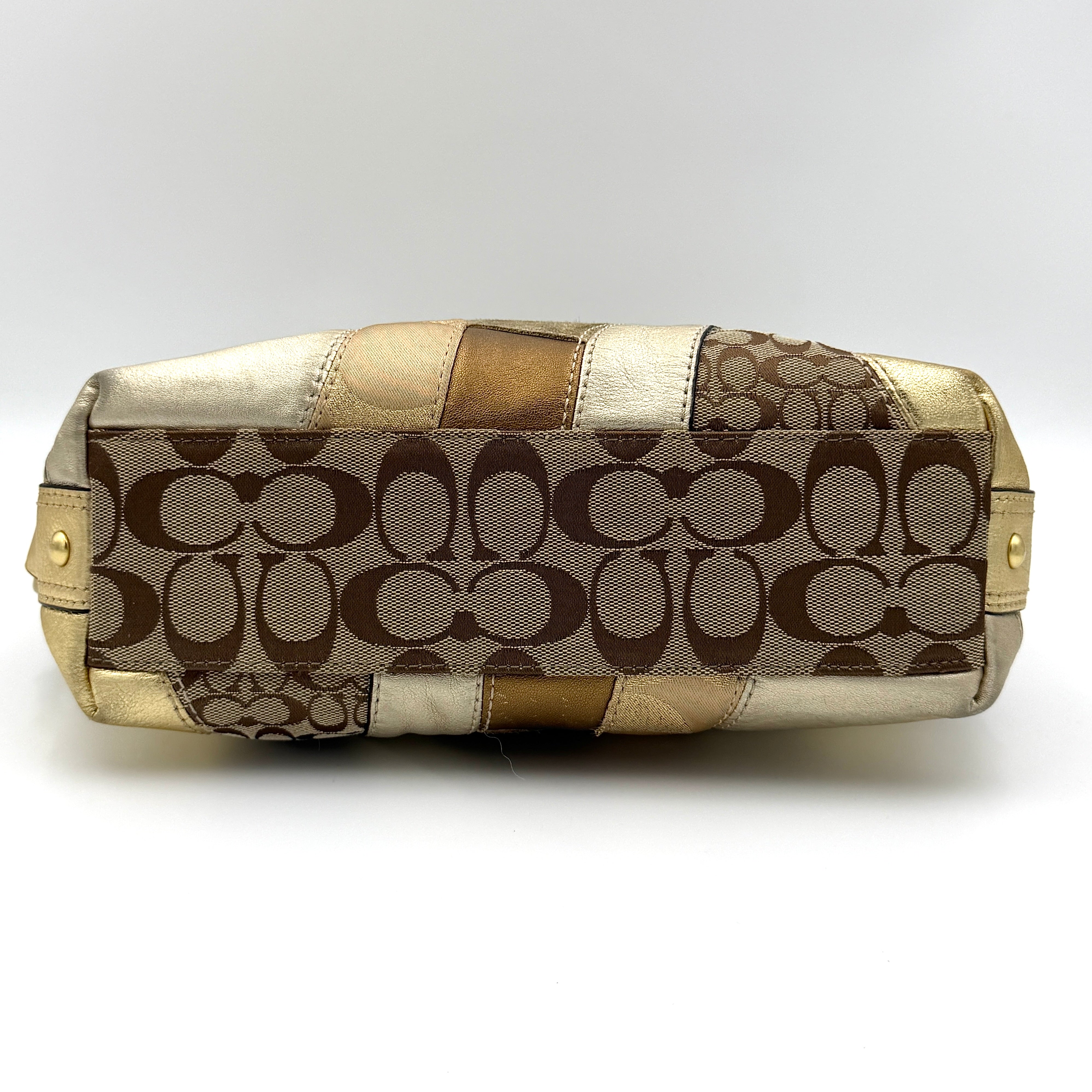 Coach Carly Patchwork Shoulder Bag in a blend of metallic gold, beige, and signature jacquard with gold hardware and a curved chain-link strap.