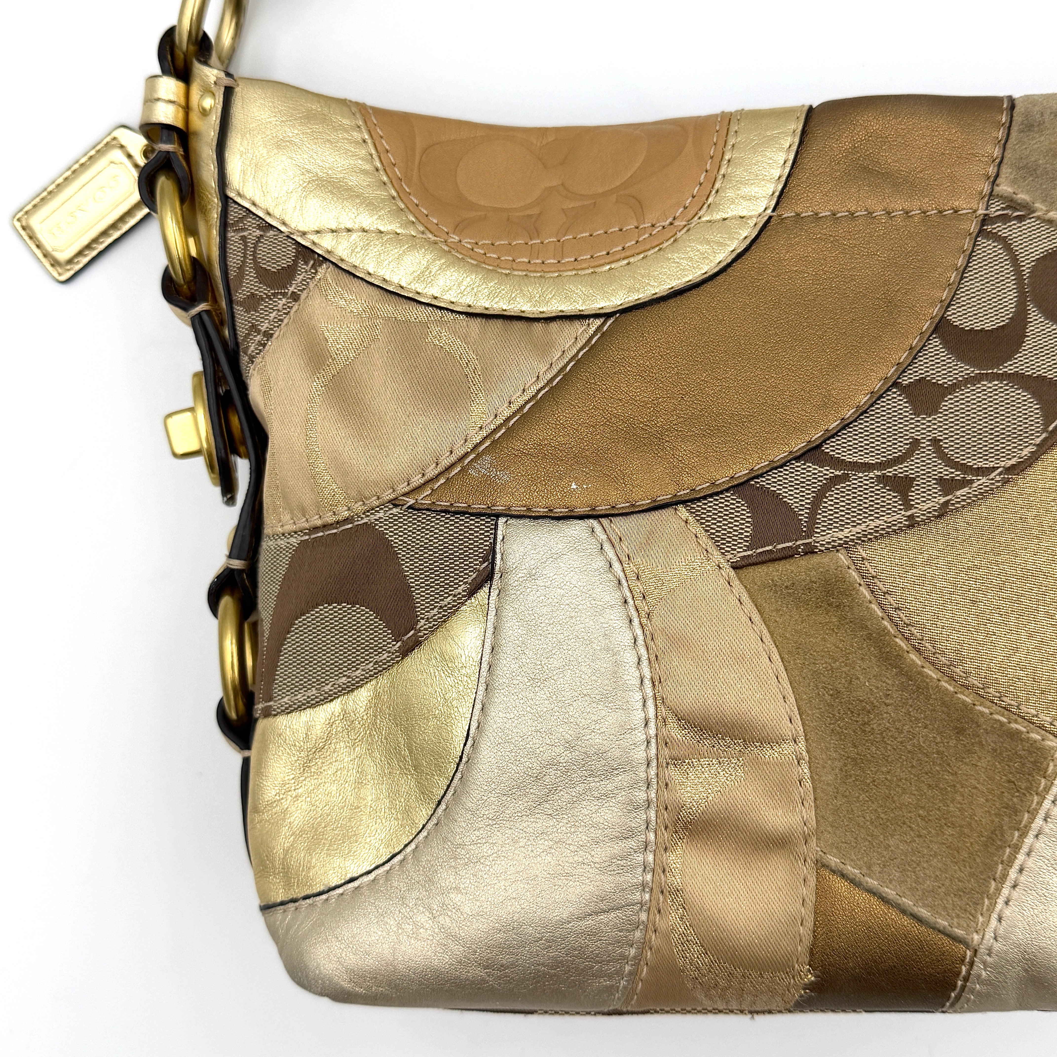 Coach Carly Patchwork Shoulder Bag in a blend of metallic gold, beige, and signature jacquard with gold hardware and a curved chain-link strap.