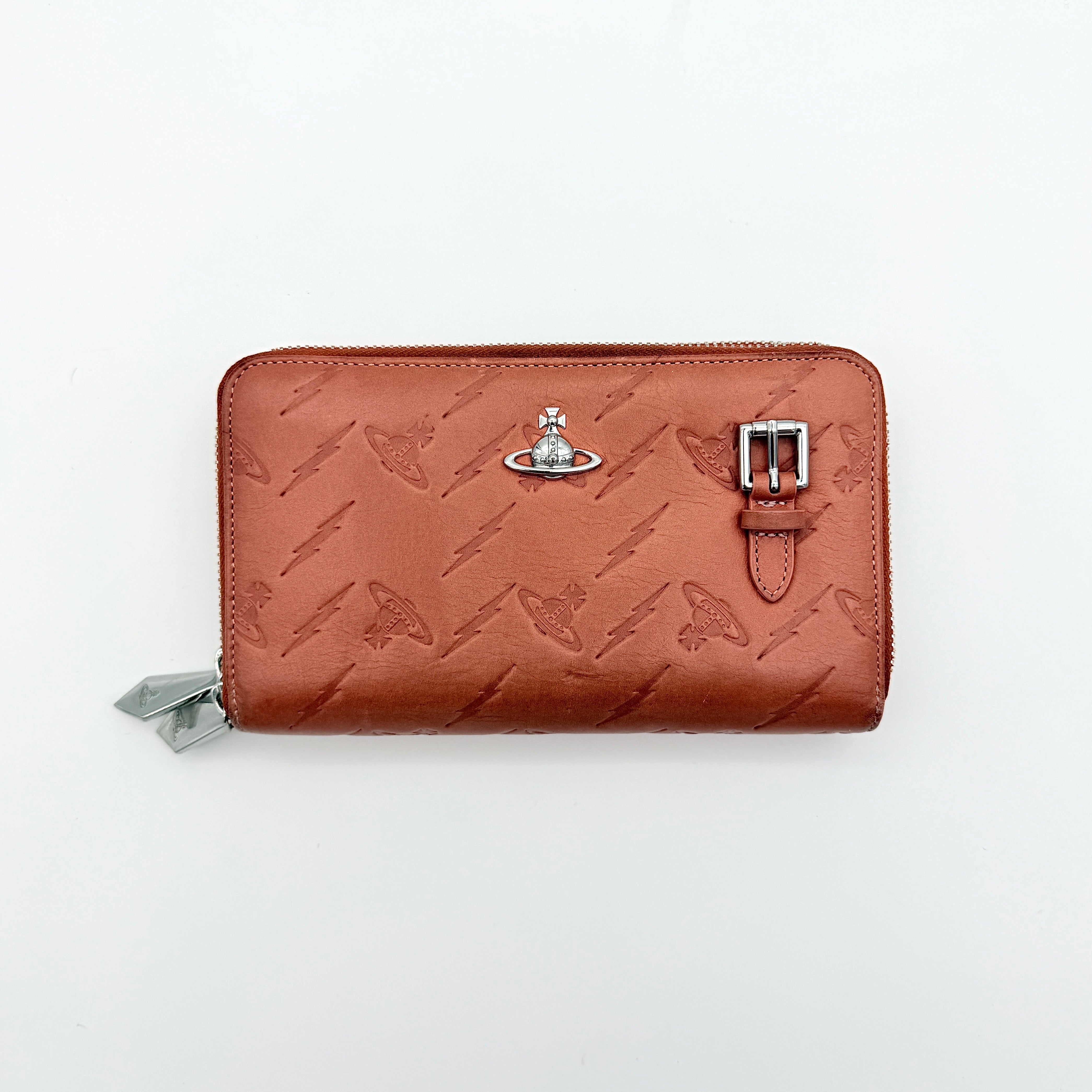 Vivienne Westwood 2Way Signature Orb Embossed Shoulder Wallet in coral pink leather with removable shoulder strap, shown with silver hardware.