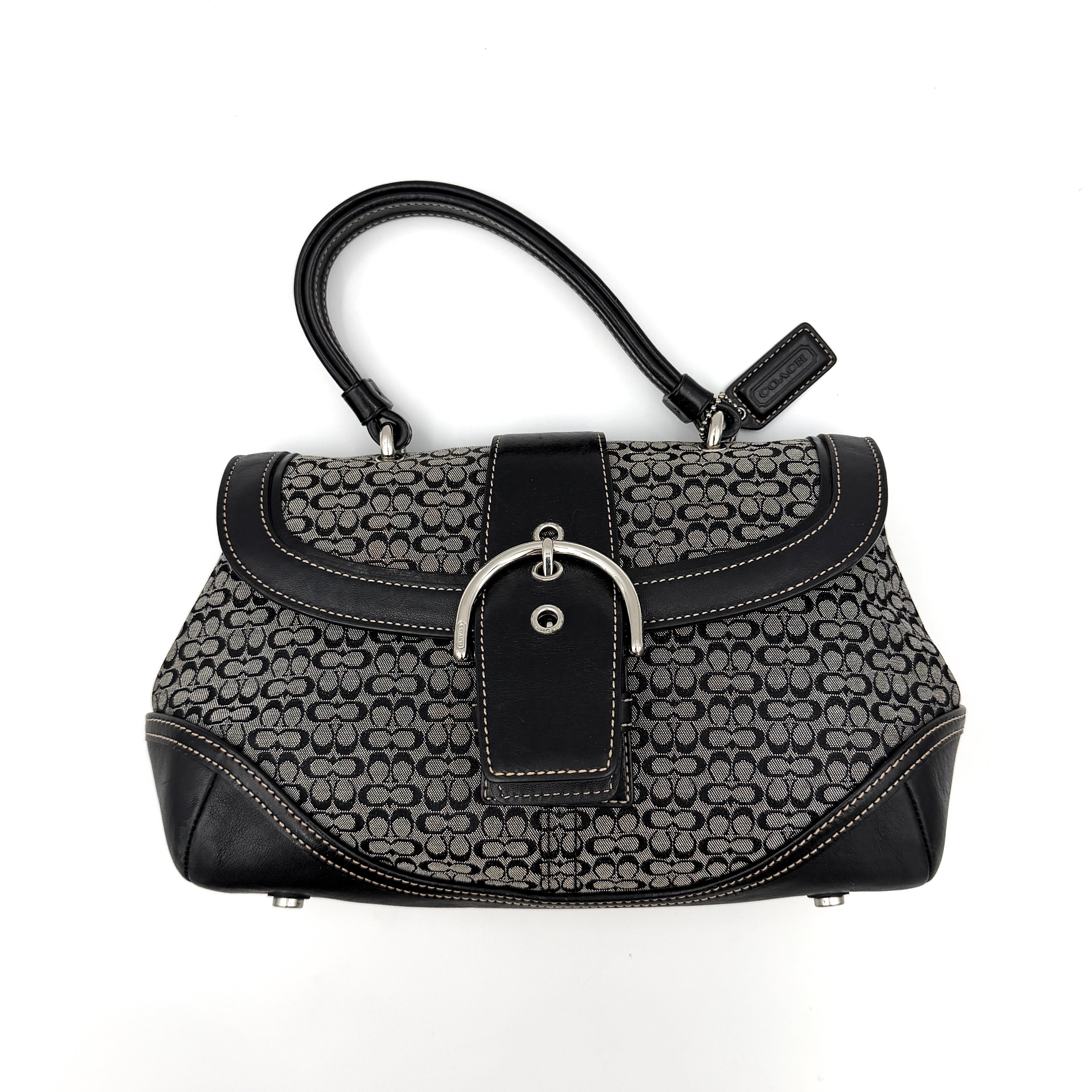 Coach Y2K Signature Soho Shoulder Bag in grey and black canvas with black leather trim and silver hardware, top handle style.