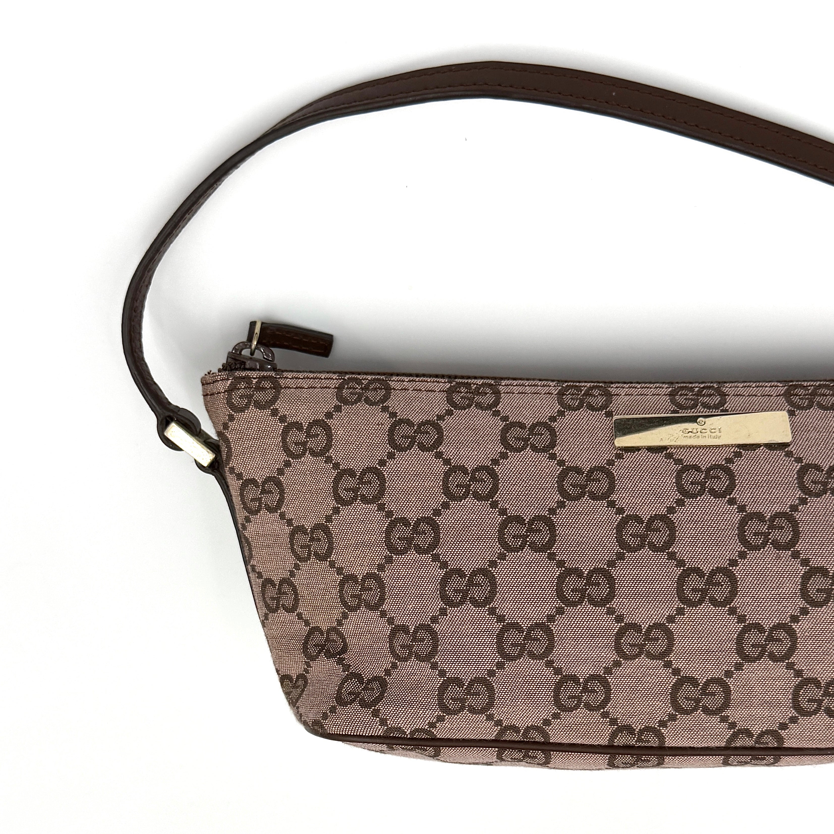 Gucci GG Monogram Pochette Boat Shoulder Bag in light brown canvas with gold-tone hardware and brown leather strap.