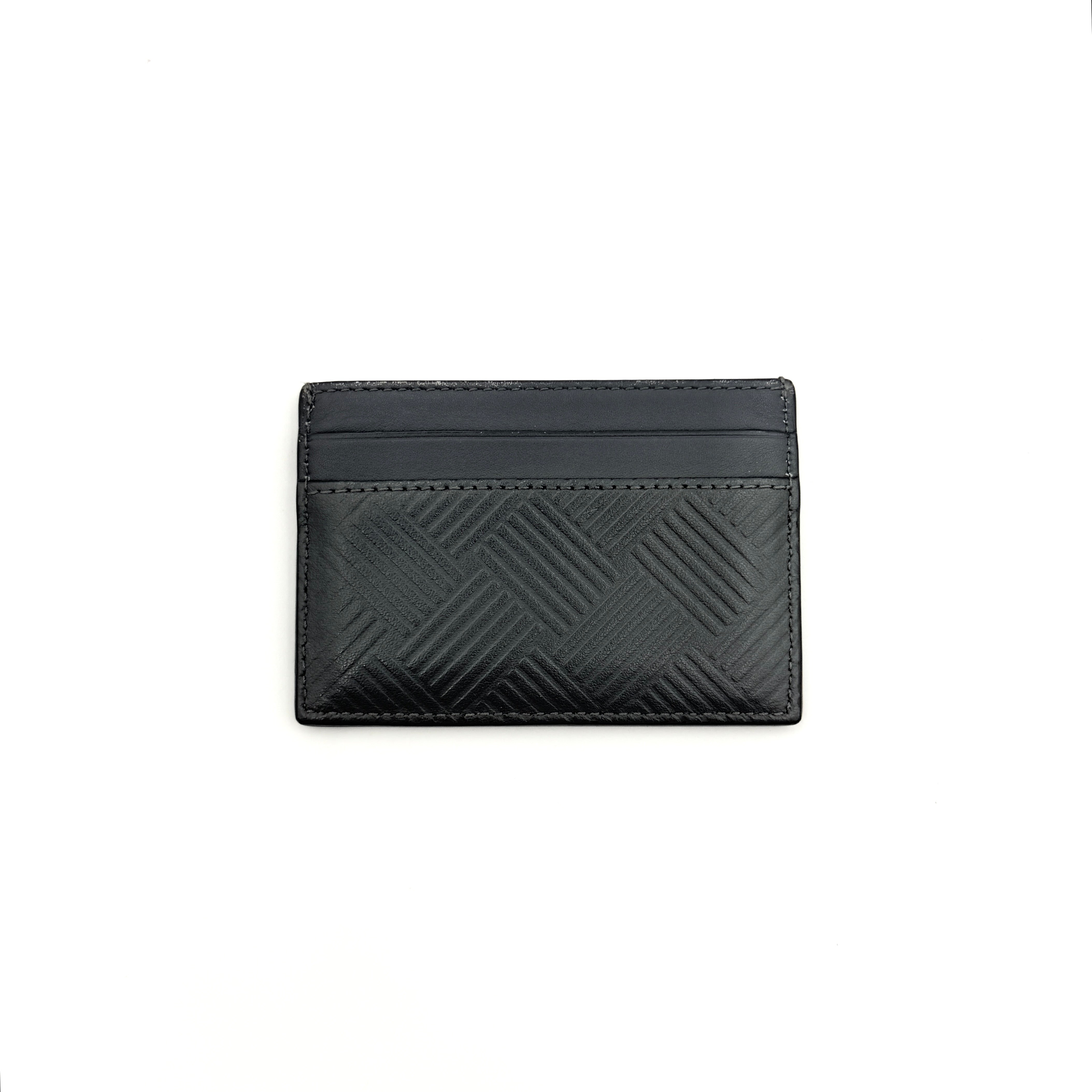 Bottega Veneta grey leather card holder with embossed geometric weave detail, photographed against a white background.