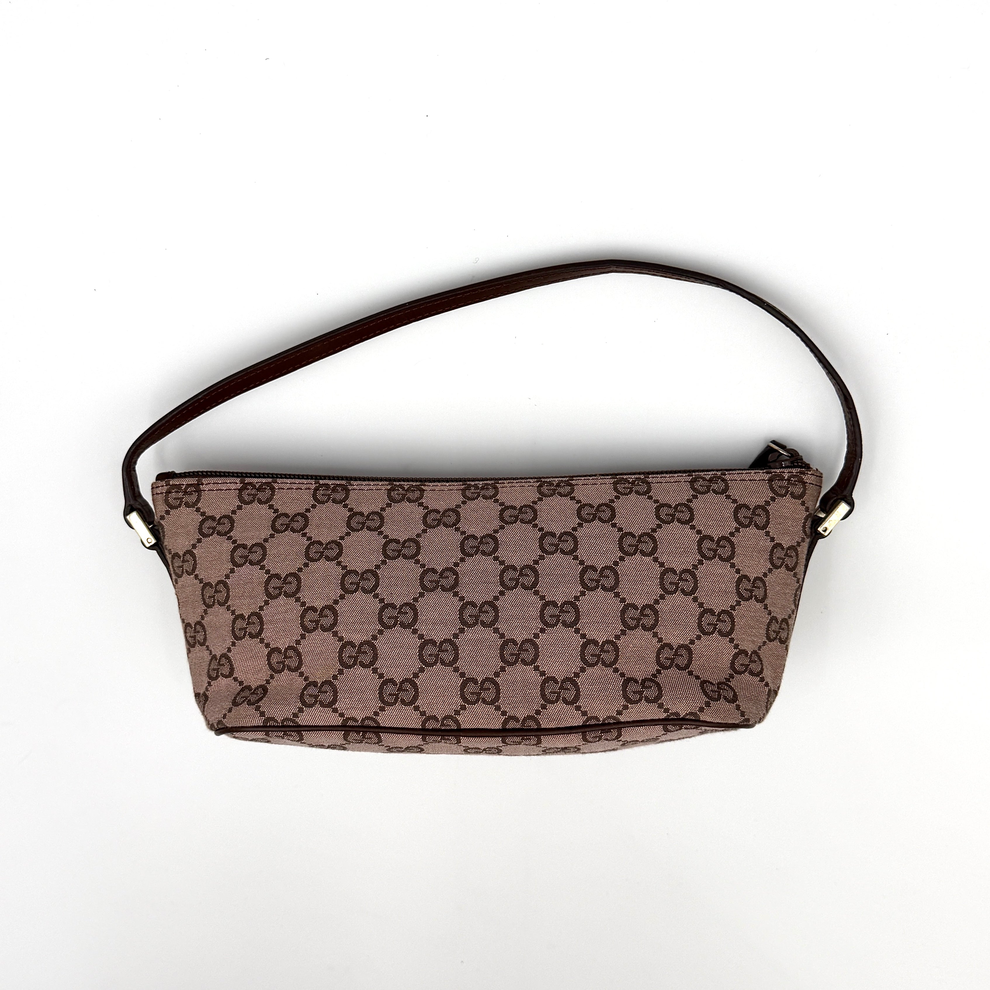 Gucci GG Monogram Pochette Boat Shoulder Bag in light brown canvas with gold-tone hardware and brown leather strap.