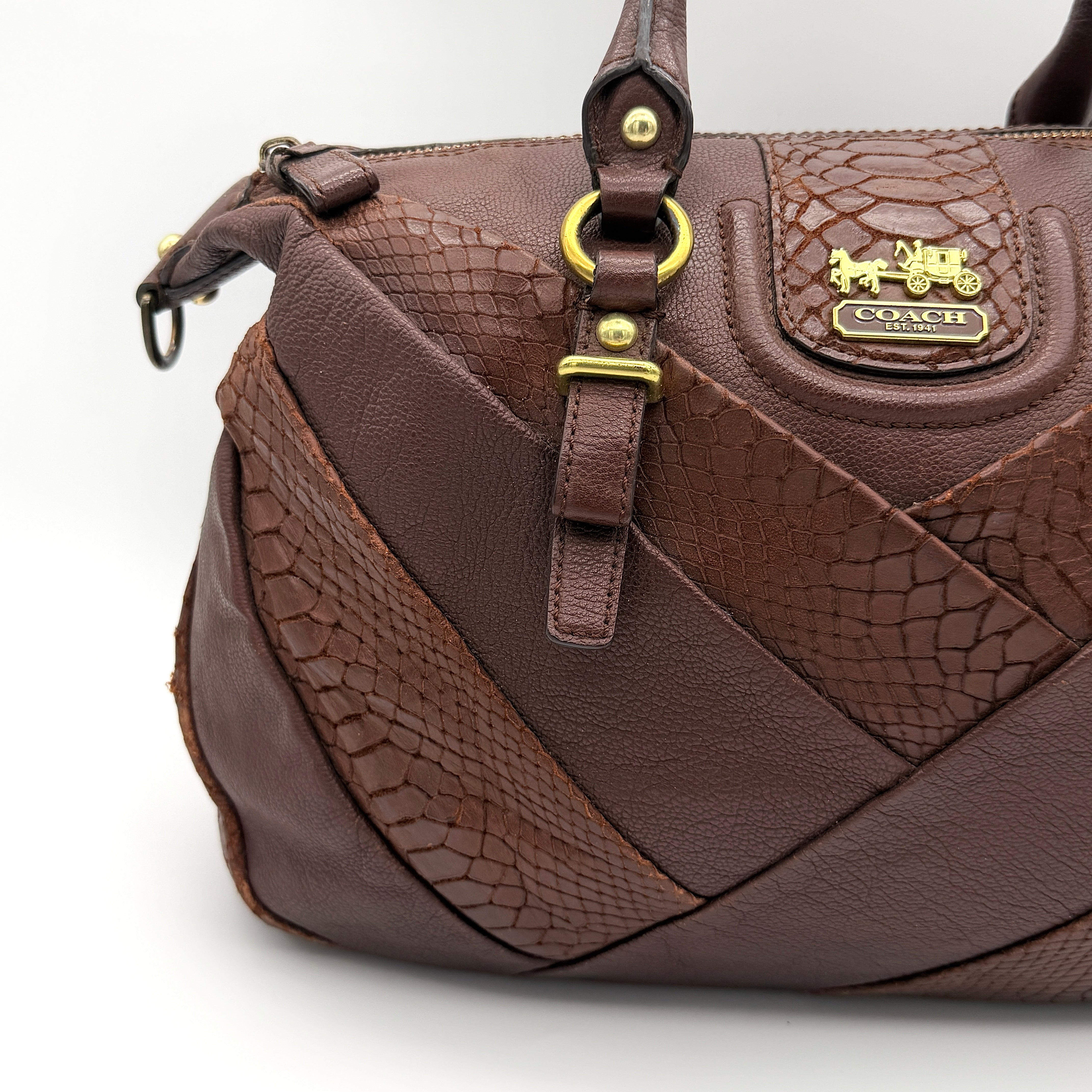 Coach Madison Lindsey 2Way handbag in brown python-embossed leather with gold-tone hardware and detachable strap.