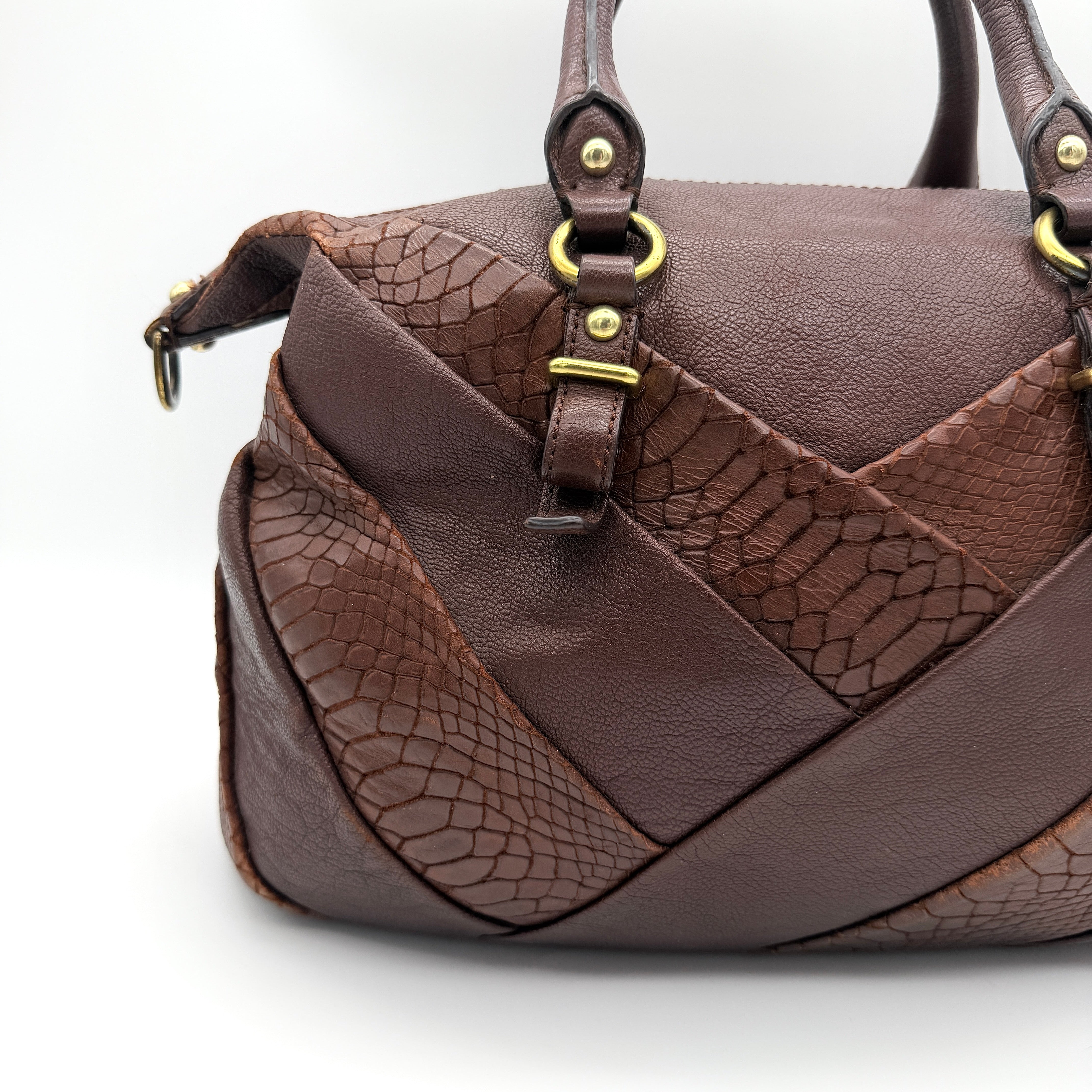 Coach Madison Lindsey 2Way handbag in brown python-embossed leather with gold-tone hardware and detachable strap.