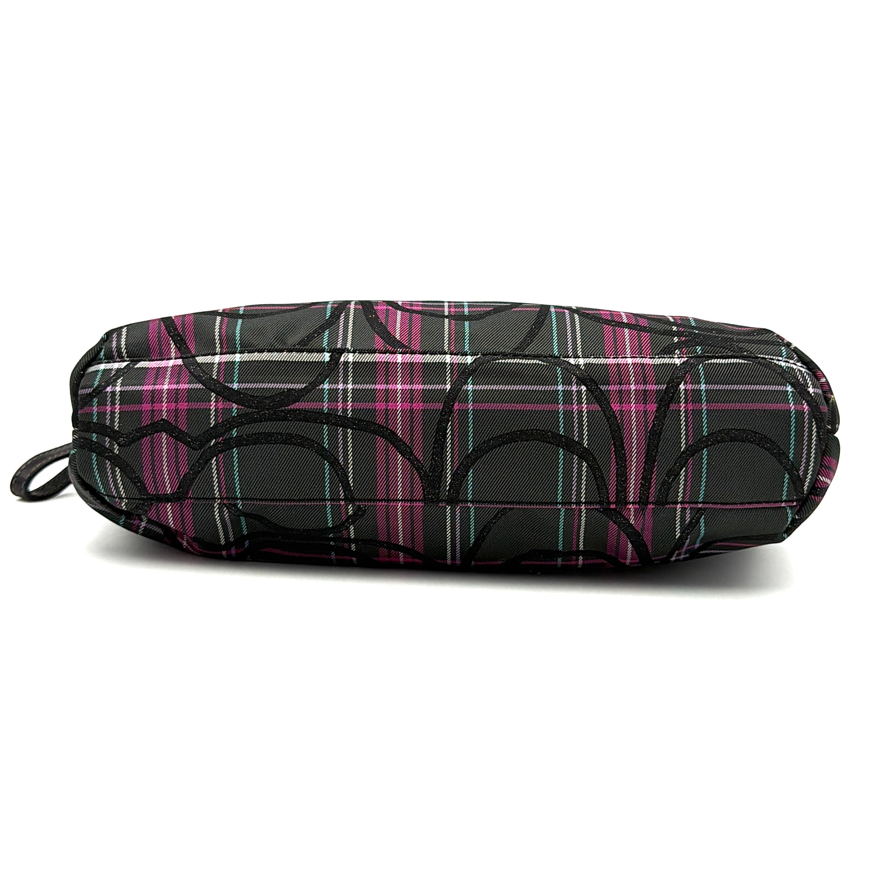 Coach Poppy tartan shoulder bag in black, magenta, and teal plaid with detachable black leather strap and silver-tone hardware.