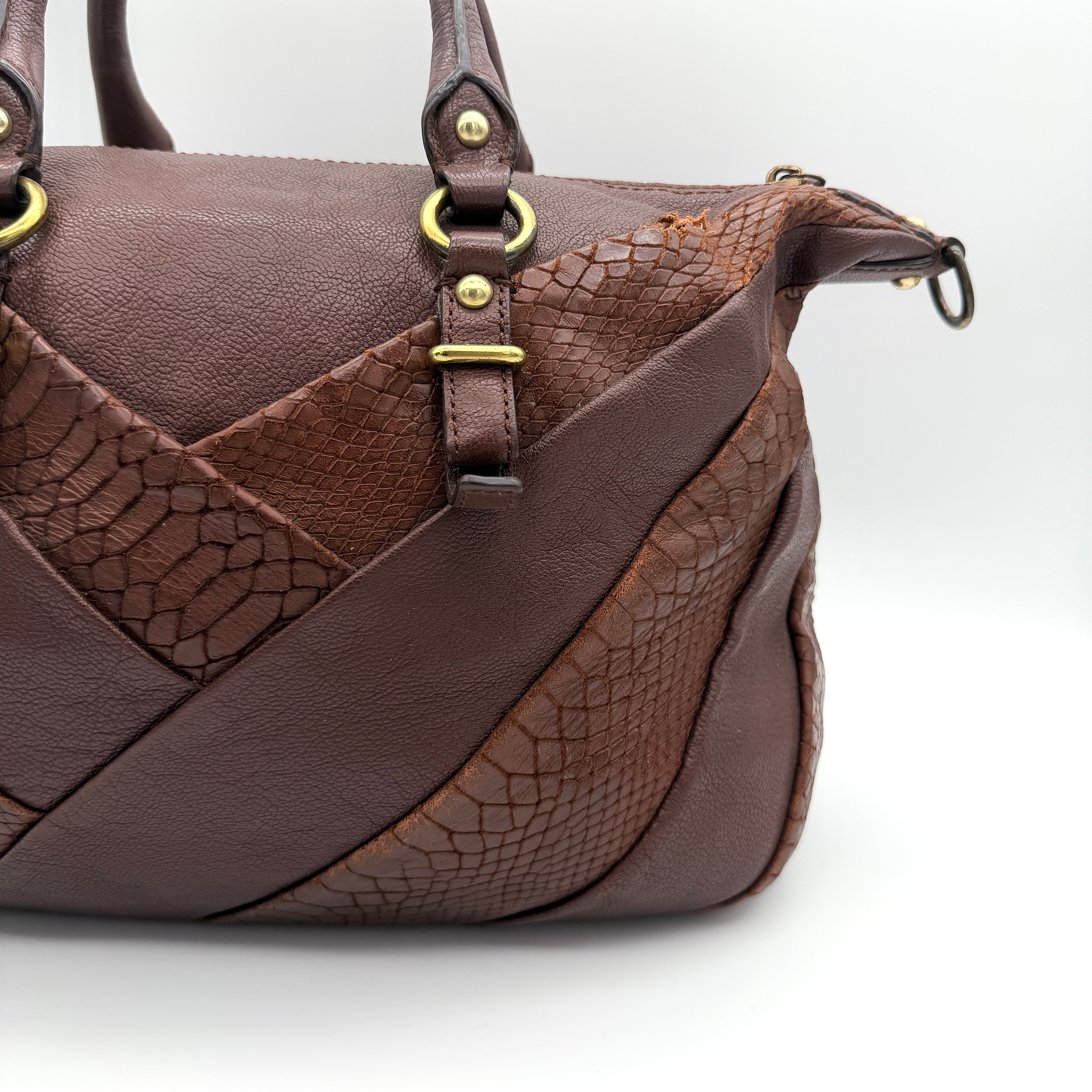 Coach Madison Lindsey 2Way handbag in brown python-embossed leather with gold-tone hardware and detachable strap.