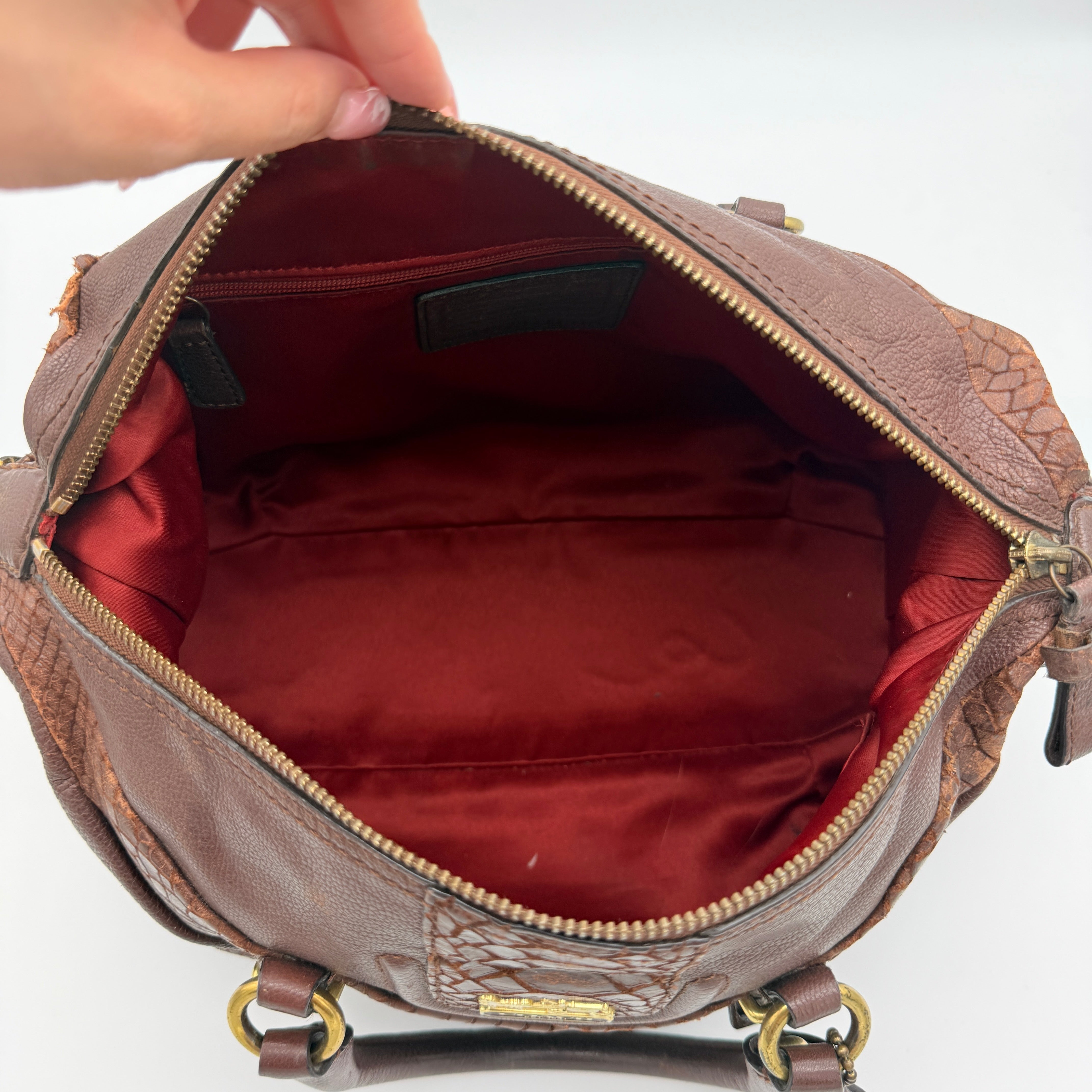 Coach Madison Lindsey 2Way handbag in brown python-embossed leather with gold-tone hardware and detachable strap.