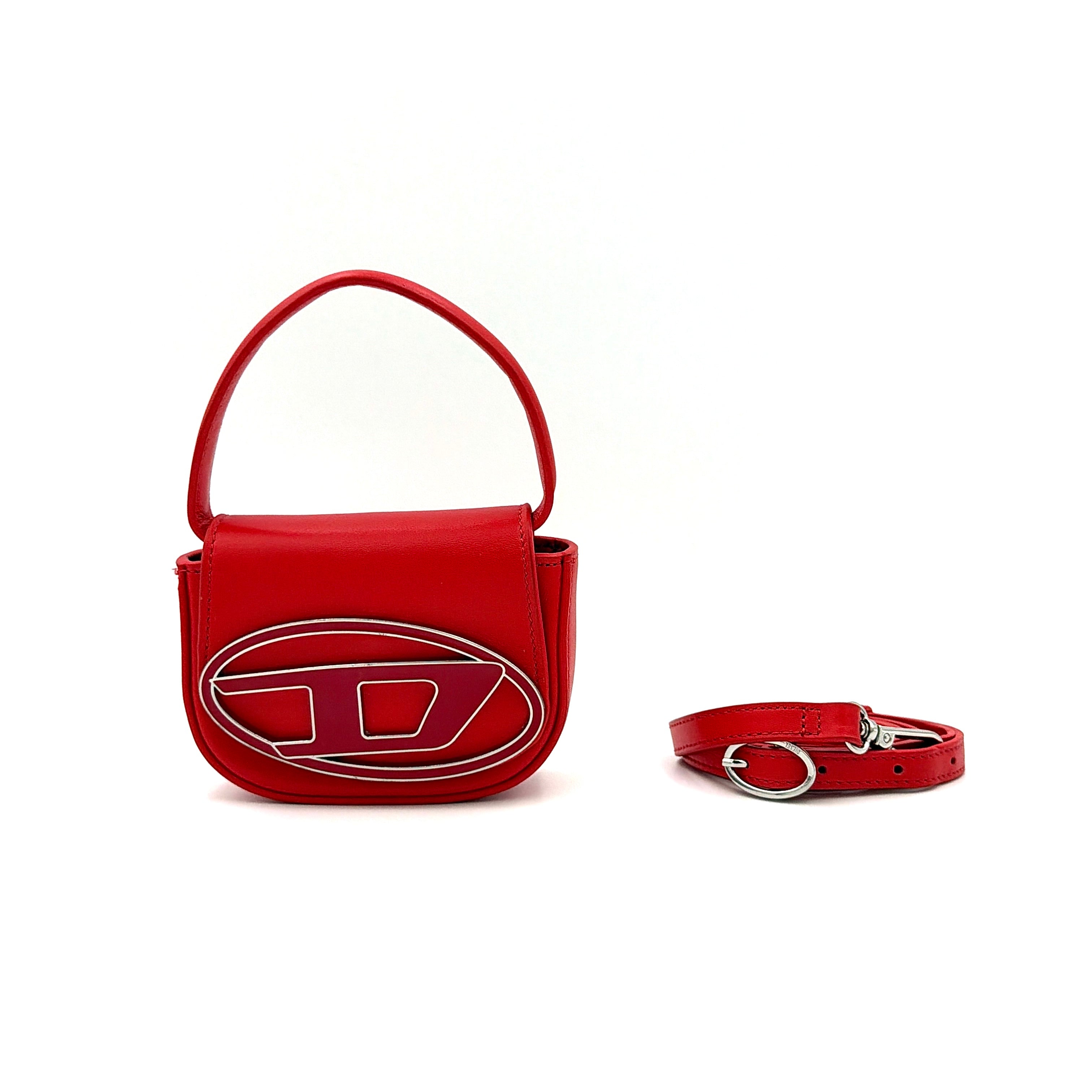 Diesel 2Way 1DR-XS Mini Bag in striking red leather with bold silver D logo, paired with a detachable matching strap.