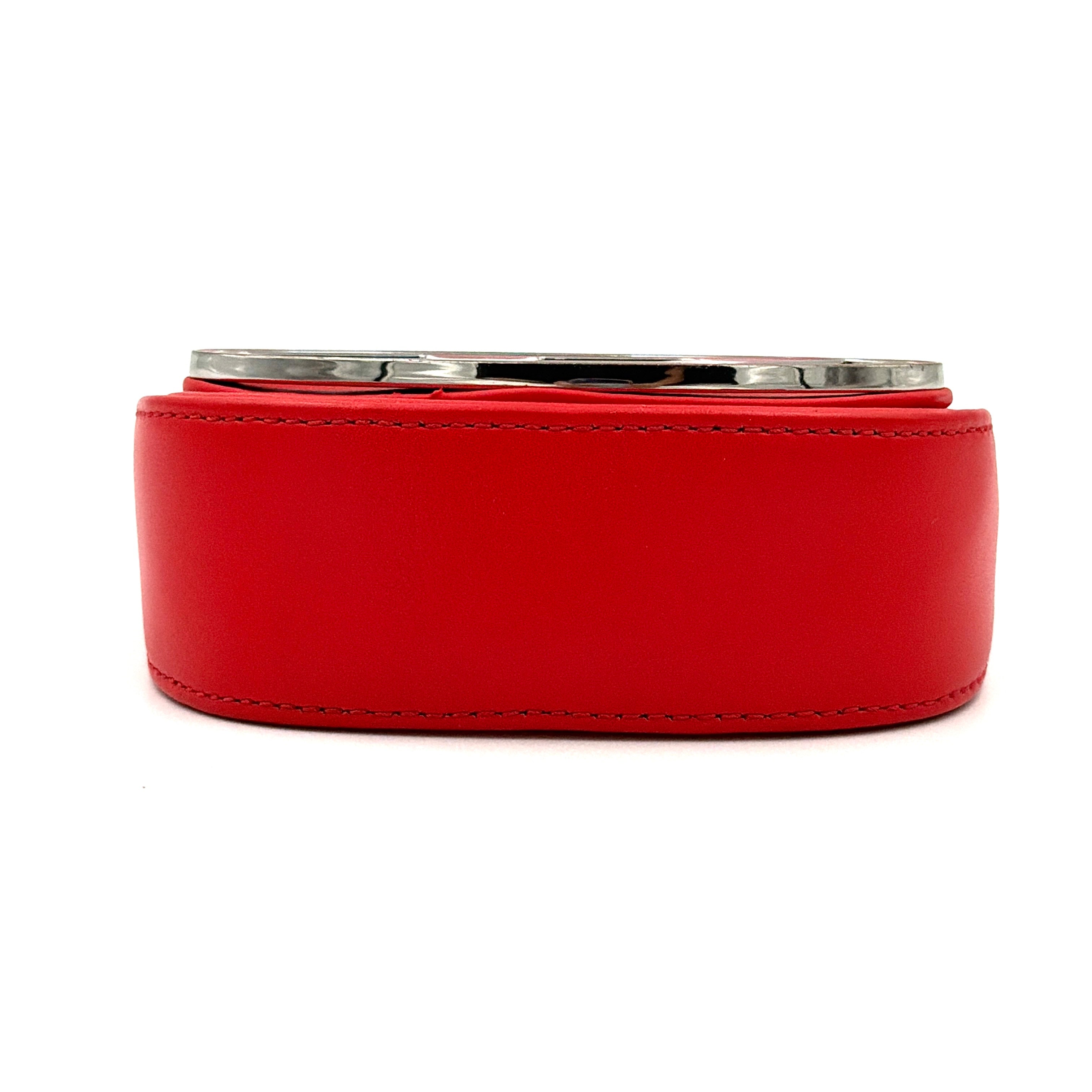Diesel 2Way 1DR-XS Mini Bag in striking red leather with bold silver D logo, paired with a detachable matching strap.