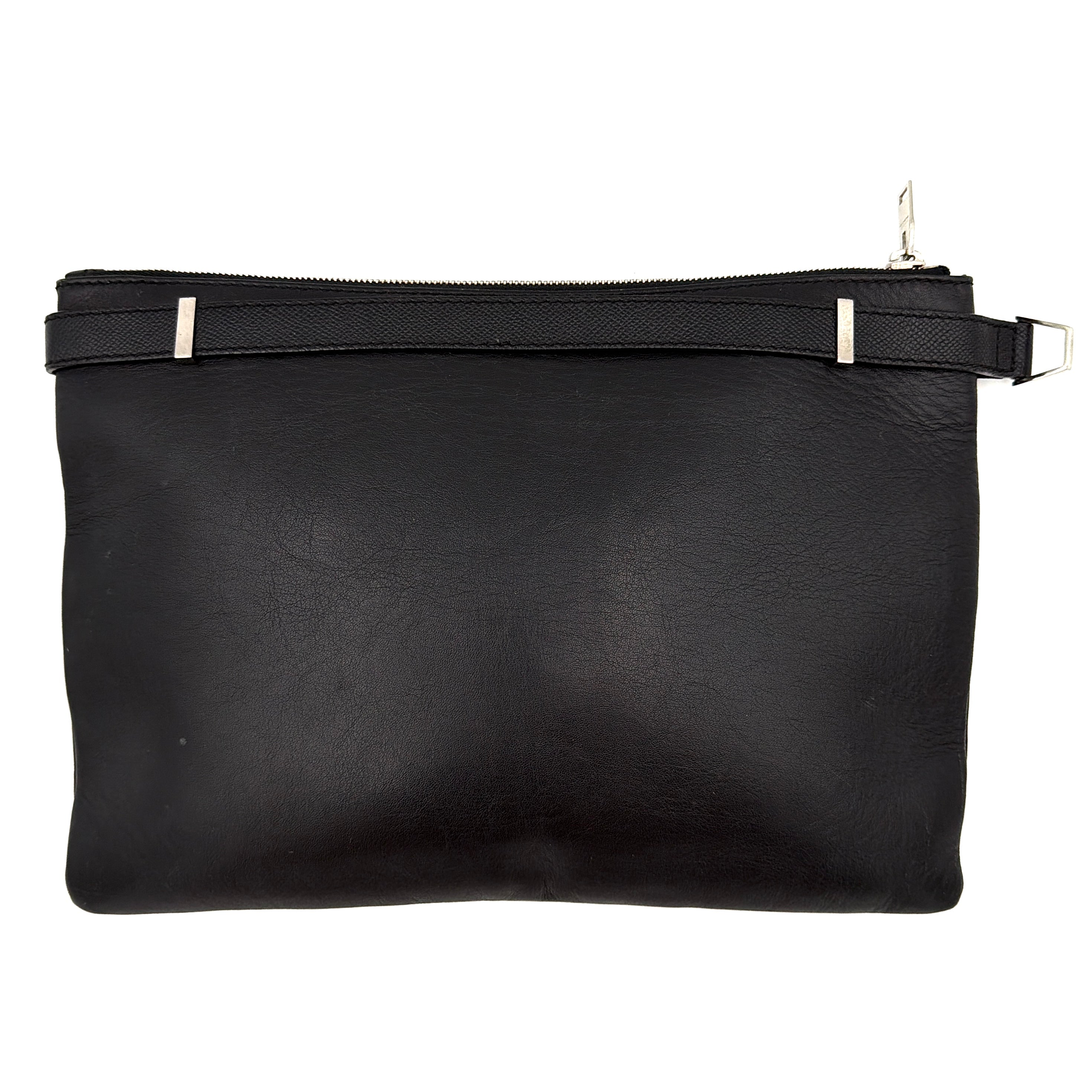 Balenciaga Phileas clutch in smooth black leather with silver hardware, shown against a white background.
