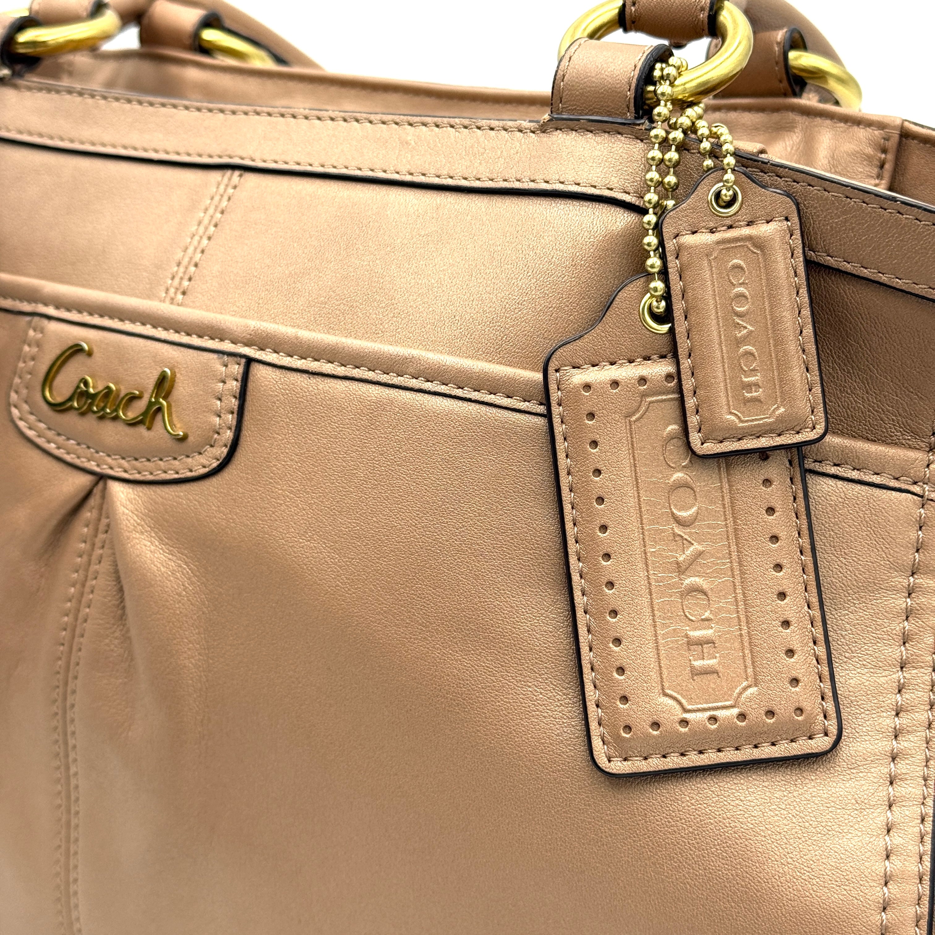 Coach Park Leather Carryall in beige leather with gold-tone hardware and double handles, styled with signature Coach hangtags.