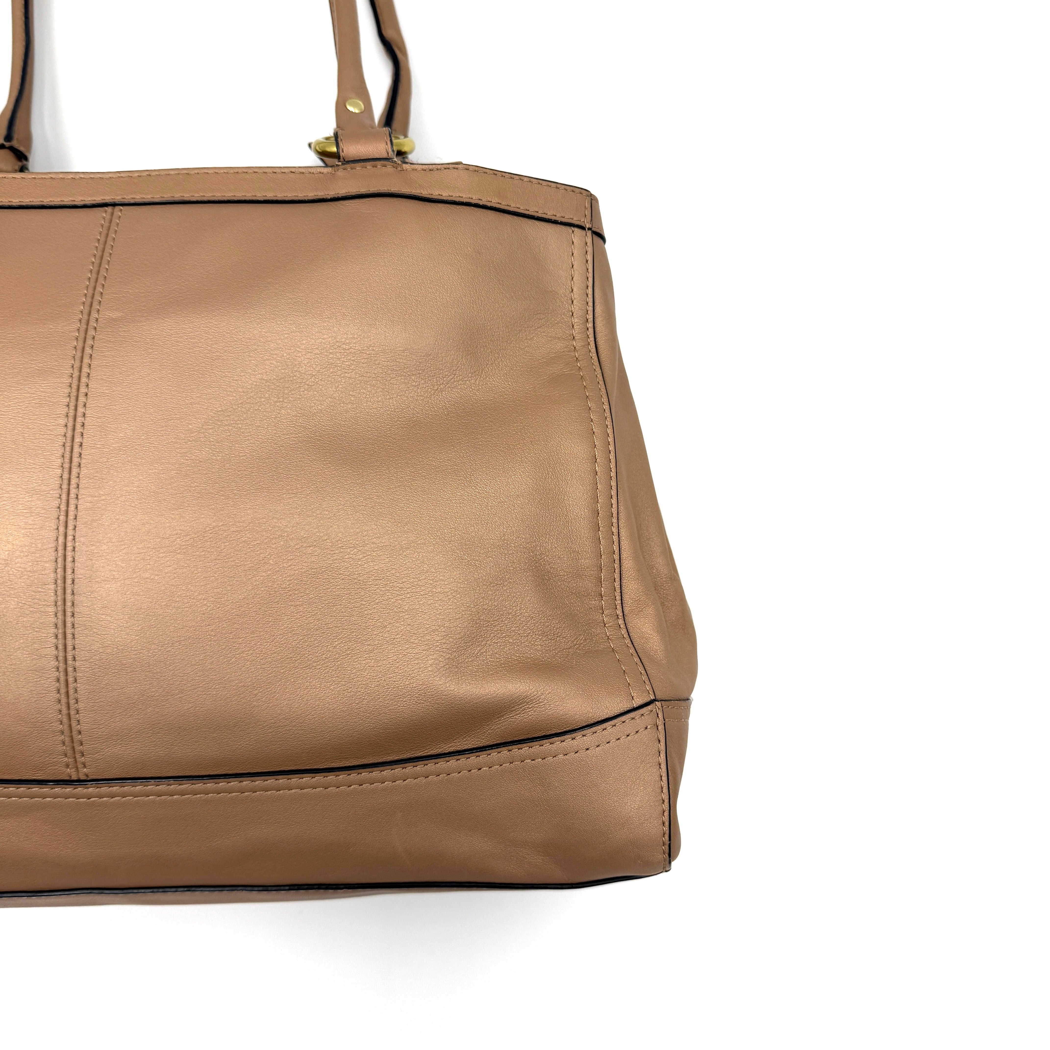 Coach Park Leather Carryall in beige leather with gold-tone hardware and double handles, styled with signature Coach hangtags.