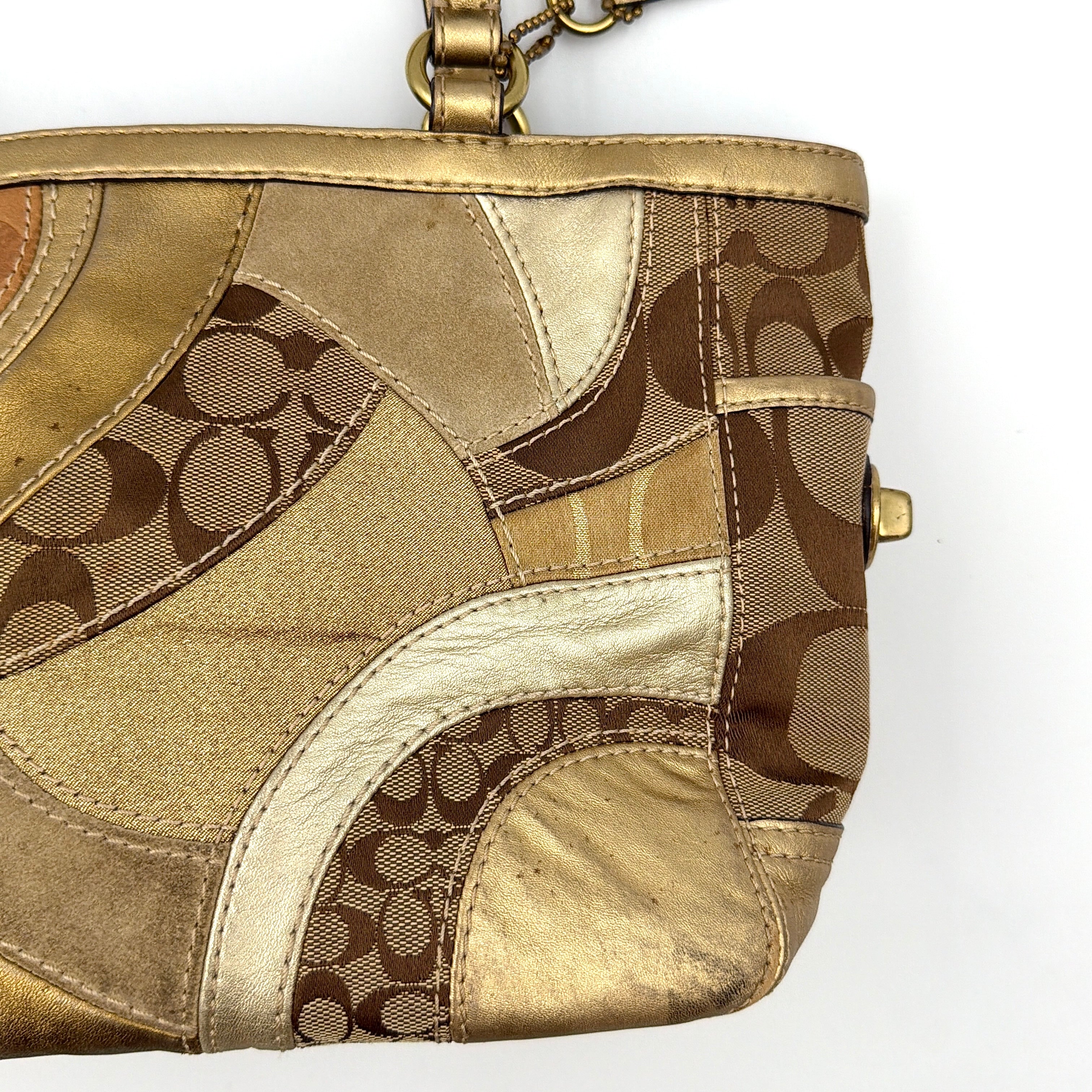 Coach Gallery Tote in mosaic patchwork jacquard and gold leather with signature charms and adjustable handles.