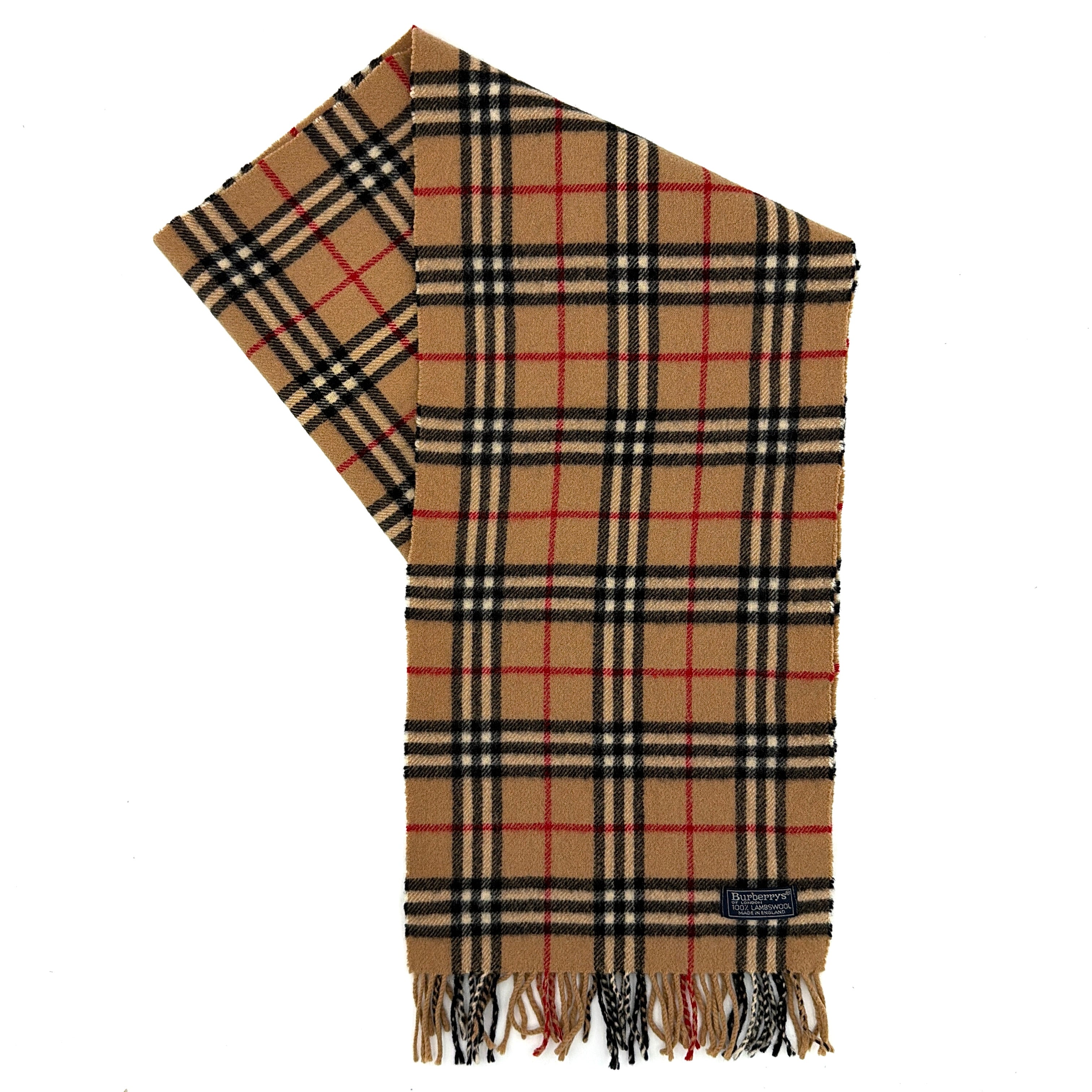 A Burberry Nova Check beige wool scarf with the classic check pattern and twisted fringe edges, finished with a navy woven logo label.