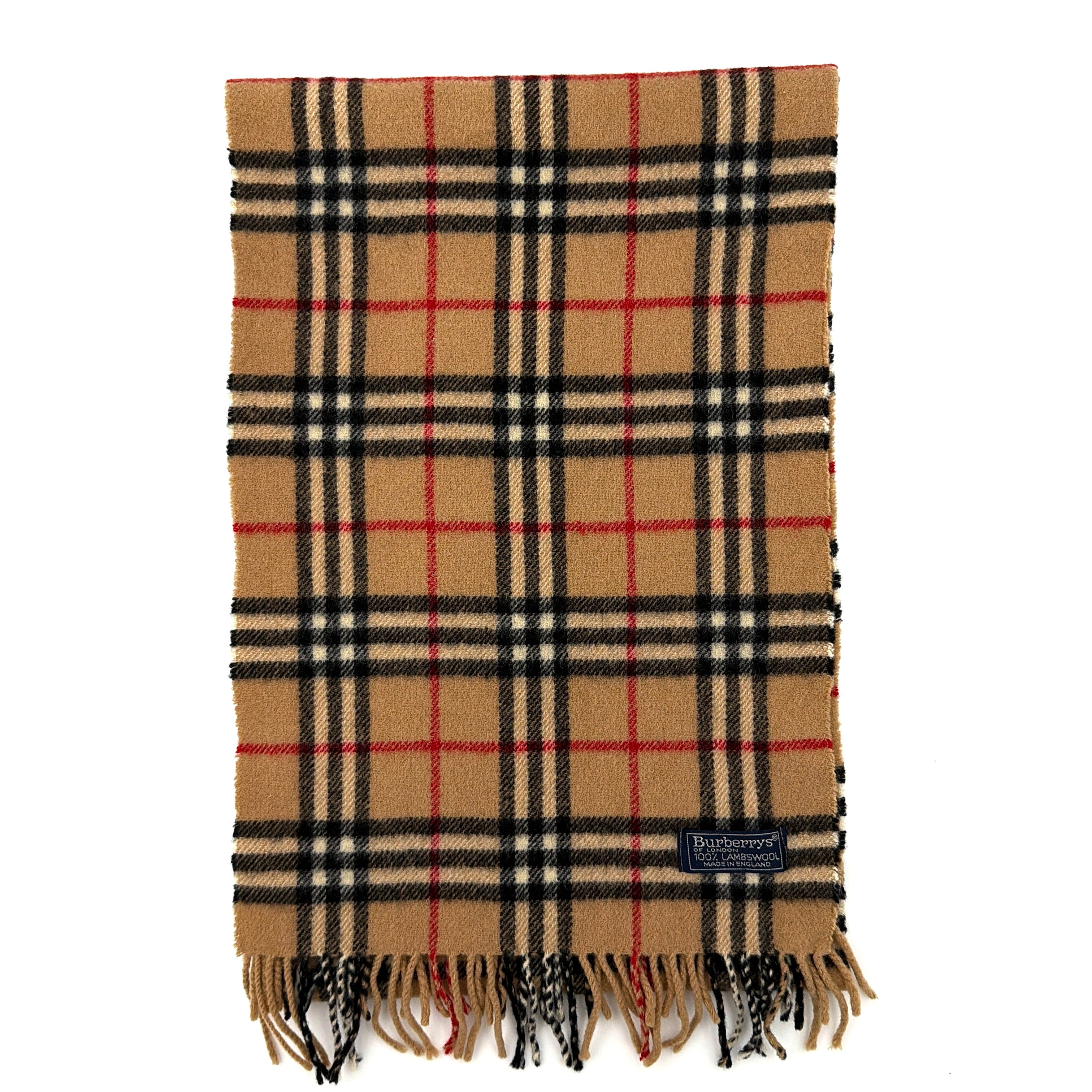 A Burberry Nova Check beige wool scarf with the classic check pattern and twisted fringe edges, finished with a navy woven logo label.