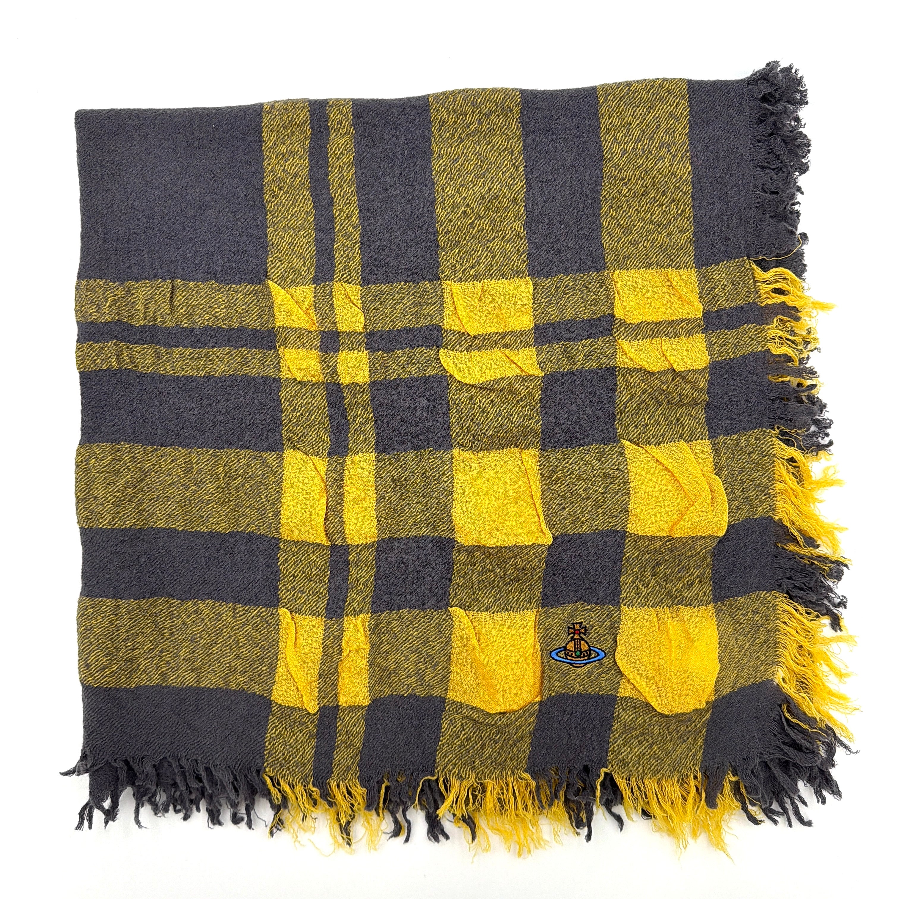 Vivienne Westwood yellow and grey check scarf with fringed edges and signature orb embroidery, artfully draped.