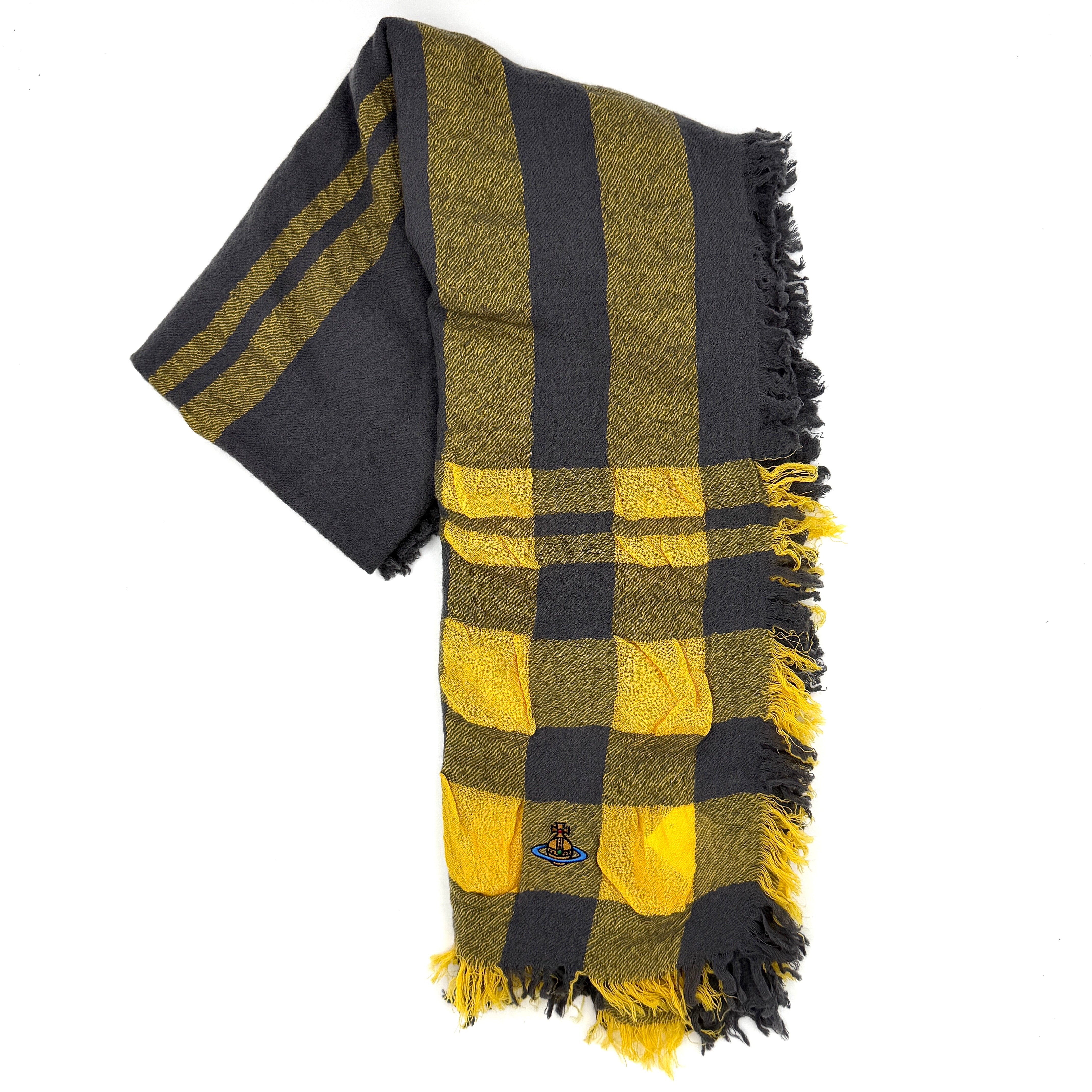 Vivienne Westwood yellow and grey check scarf with fringed edges and signature orb embroidery, artfully draped.