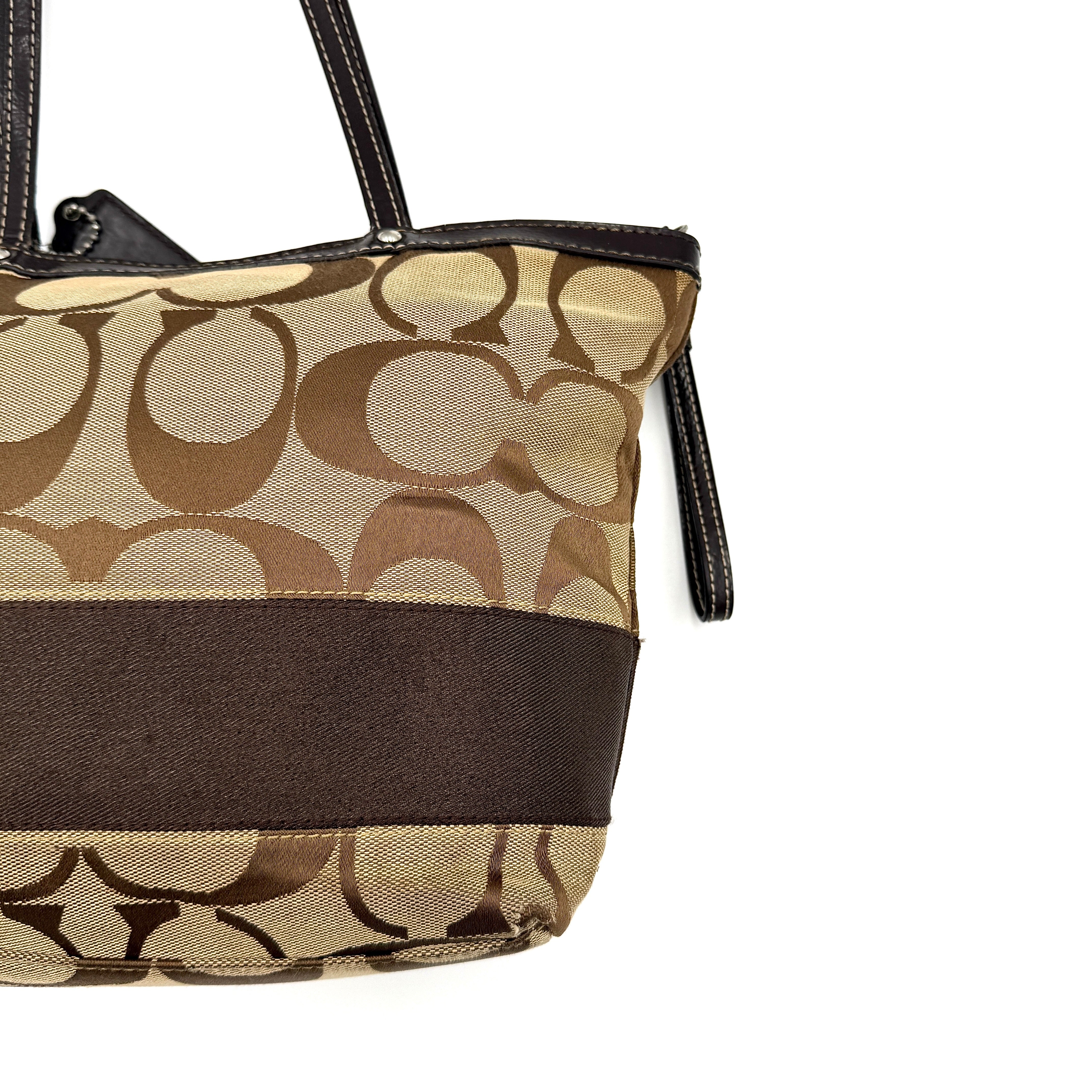 Coach Signature Stripe Tote Bag in beige and brown with bold monogram canvas, leather trim, and dual shoulder straps.