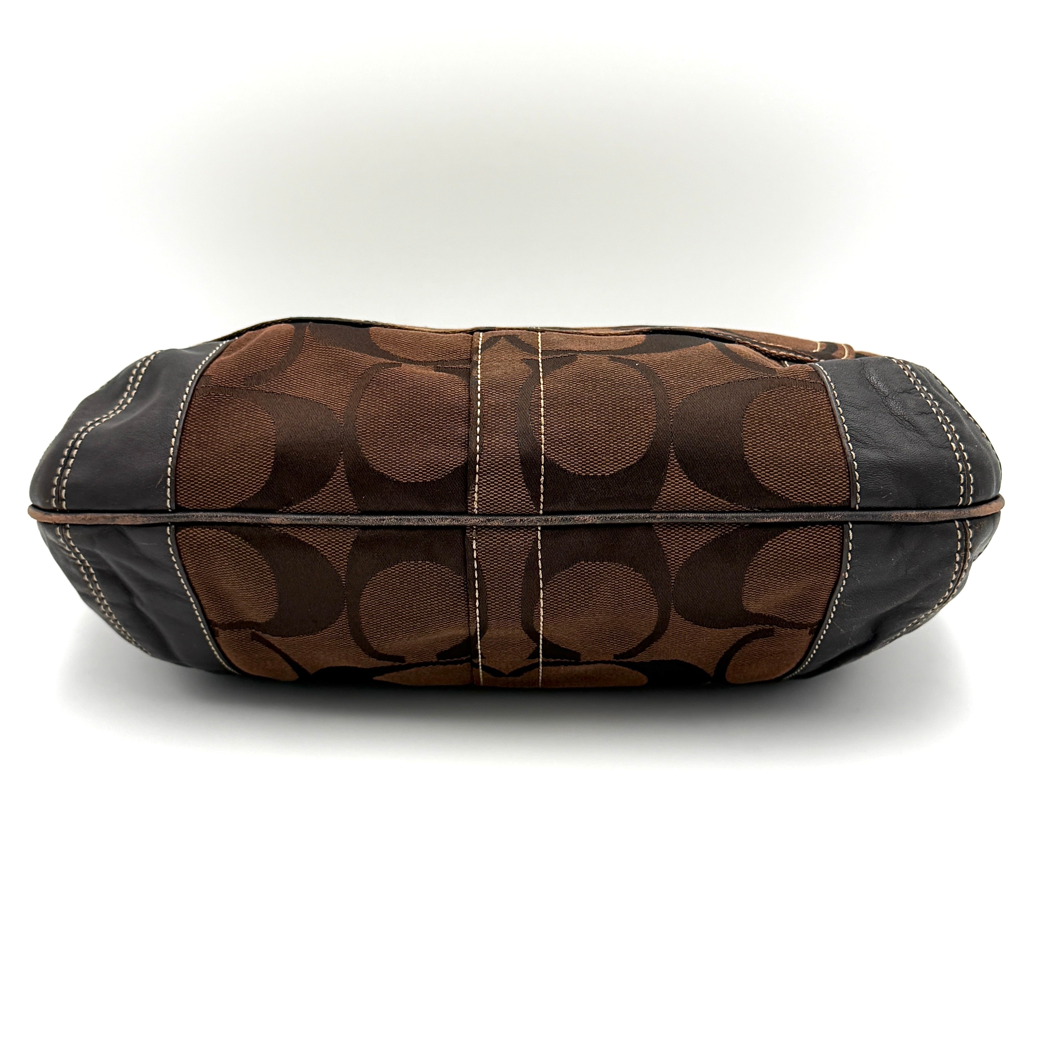 Coach Signature Ergo Hobo Shoulder Bag in brown monogram canvas with dark leather trim and gold-tone hardware, shown from the front.