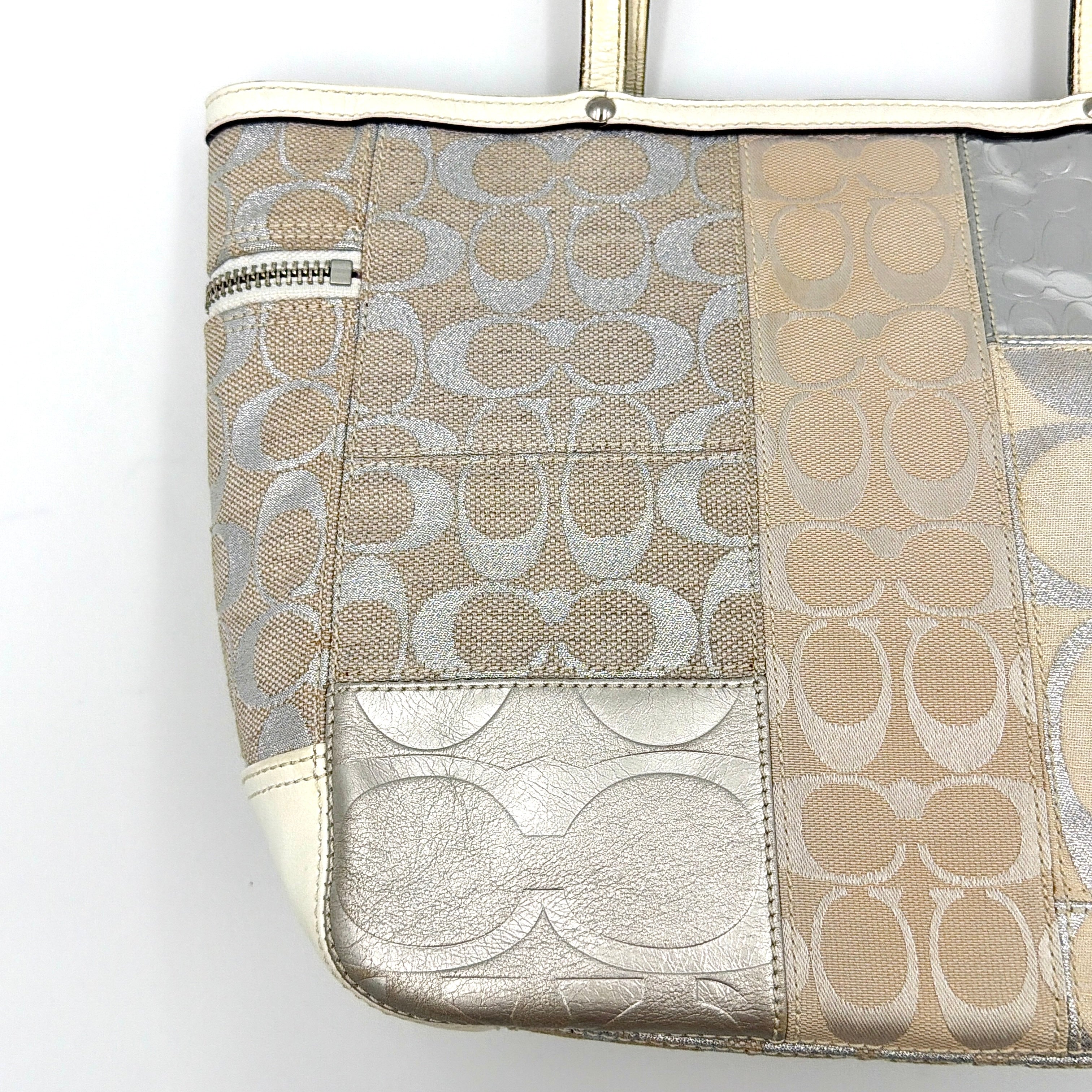 Coach Y2K Signature Patchwork Tote Bag Silver/White