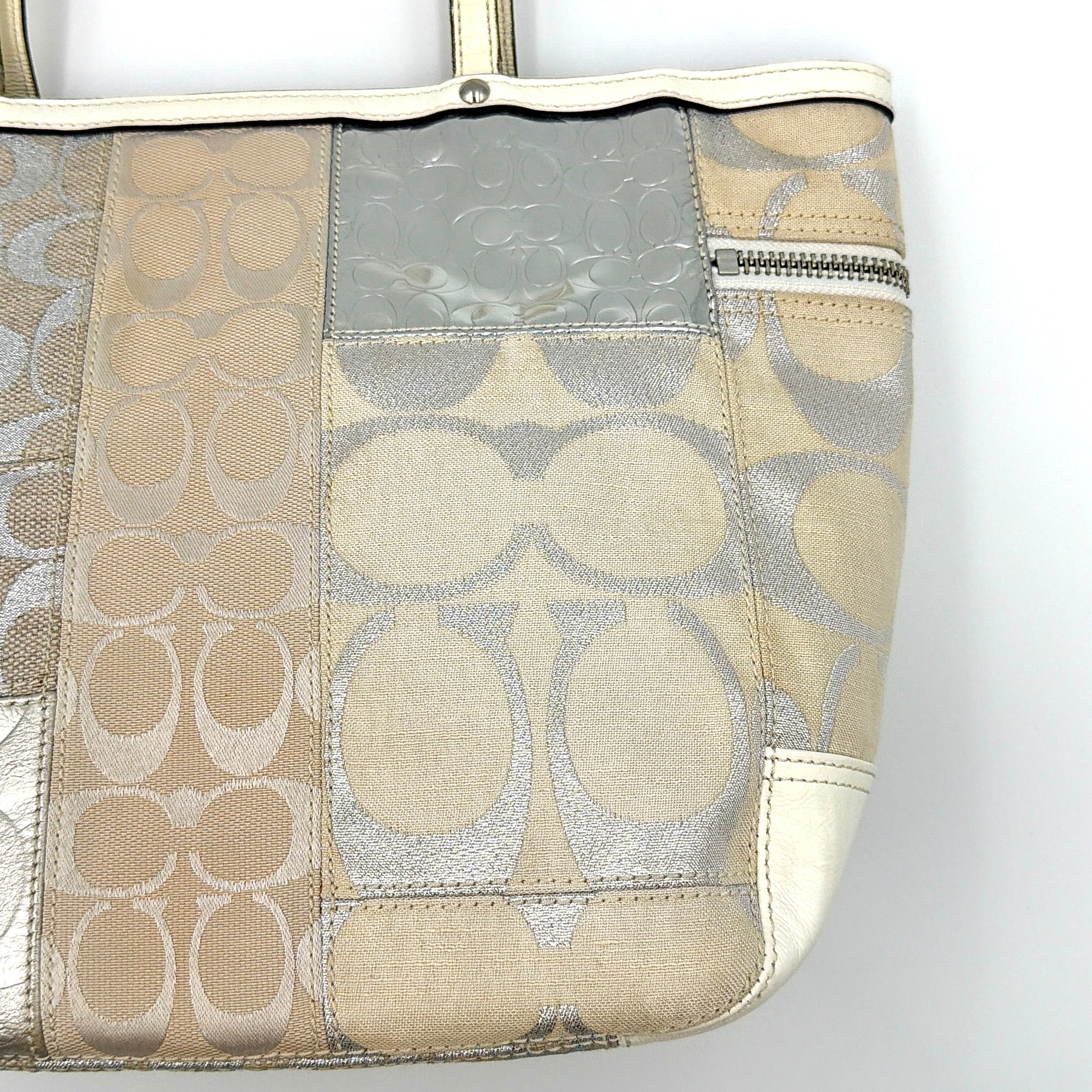 Coach Y2K Signature Patchwork Tote Bag Silver/White