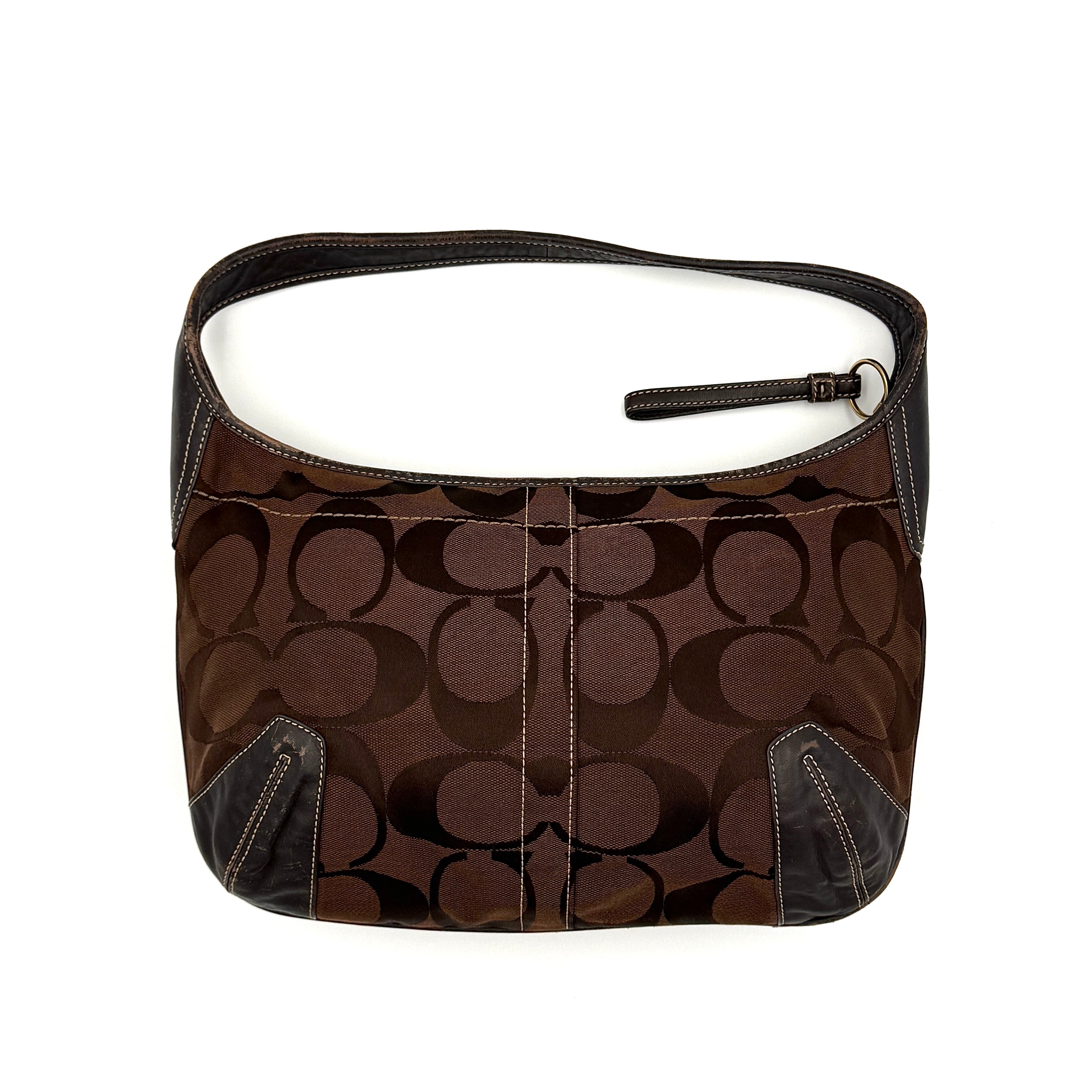 Coach Signature Ergo Hobo Shoulder Bag in brown monogram canvas with dark leather trim and gold-tone hardware, shown from the front.