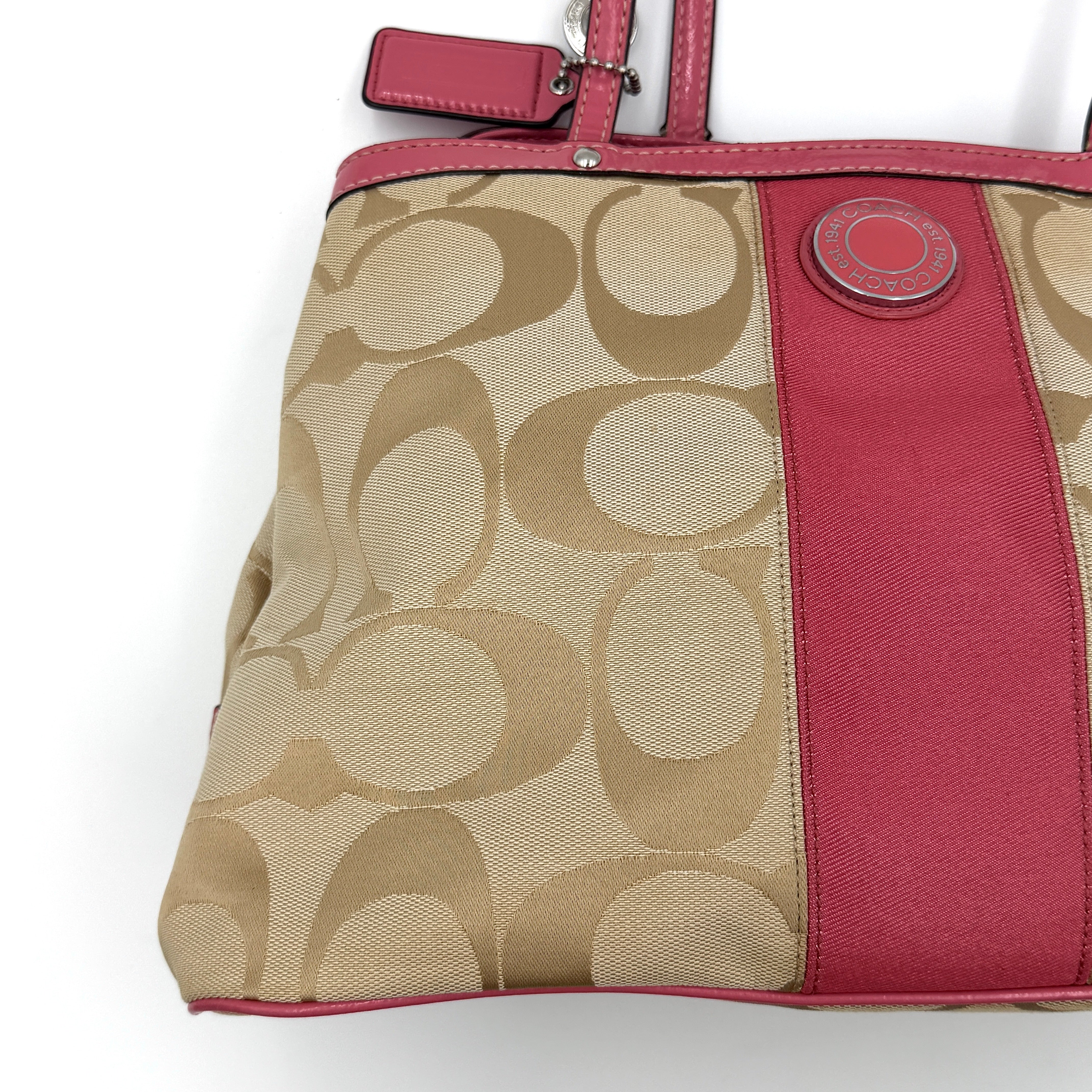 Coach Signature Stripe Kisslock Tote Bag Pink/Beige