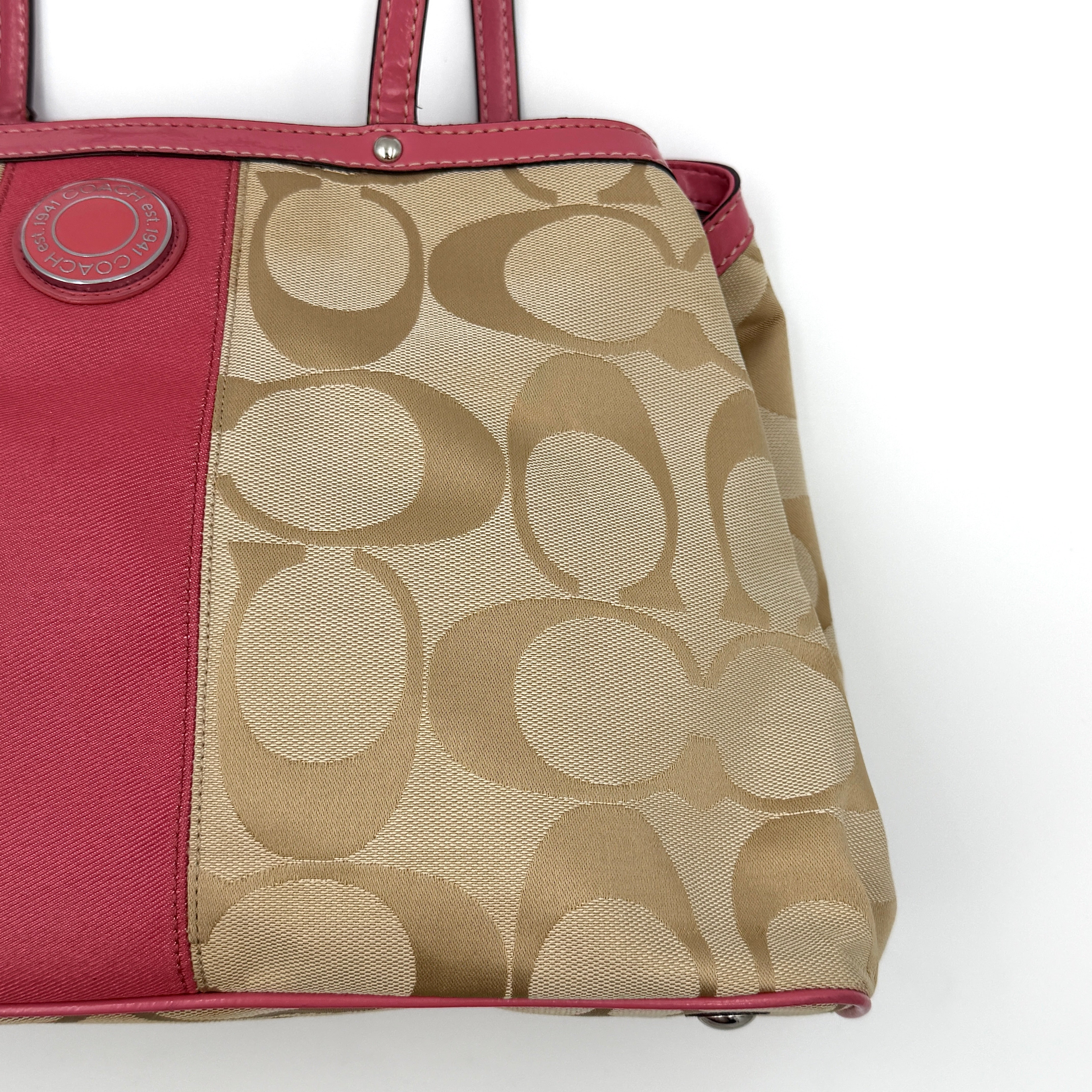 Coach Signature Stripe Kisslock Tote Bag Pink/Beige