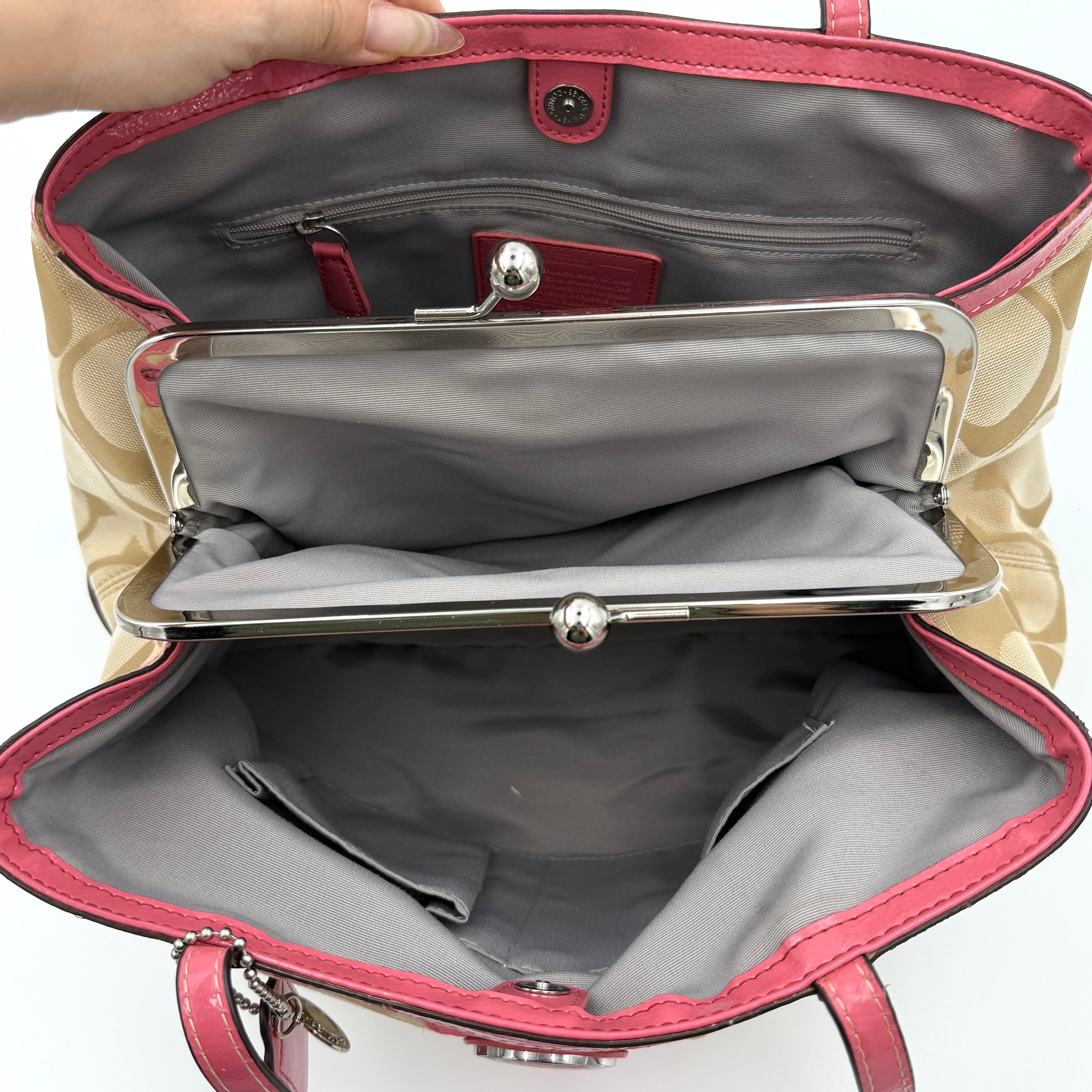 Coach Signature Stripe Kisslock Tote Bag Pink/Beige