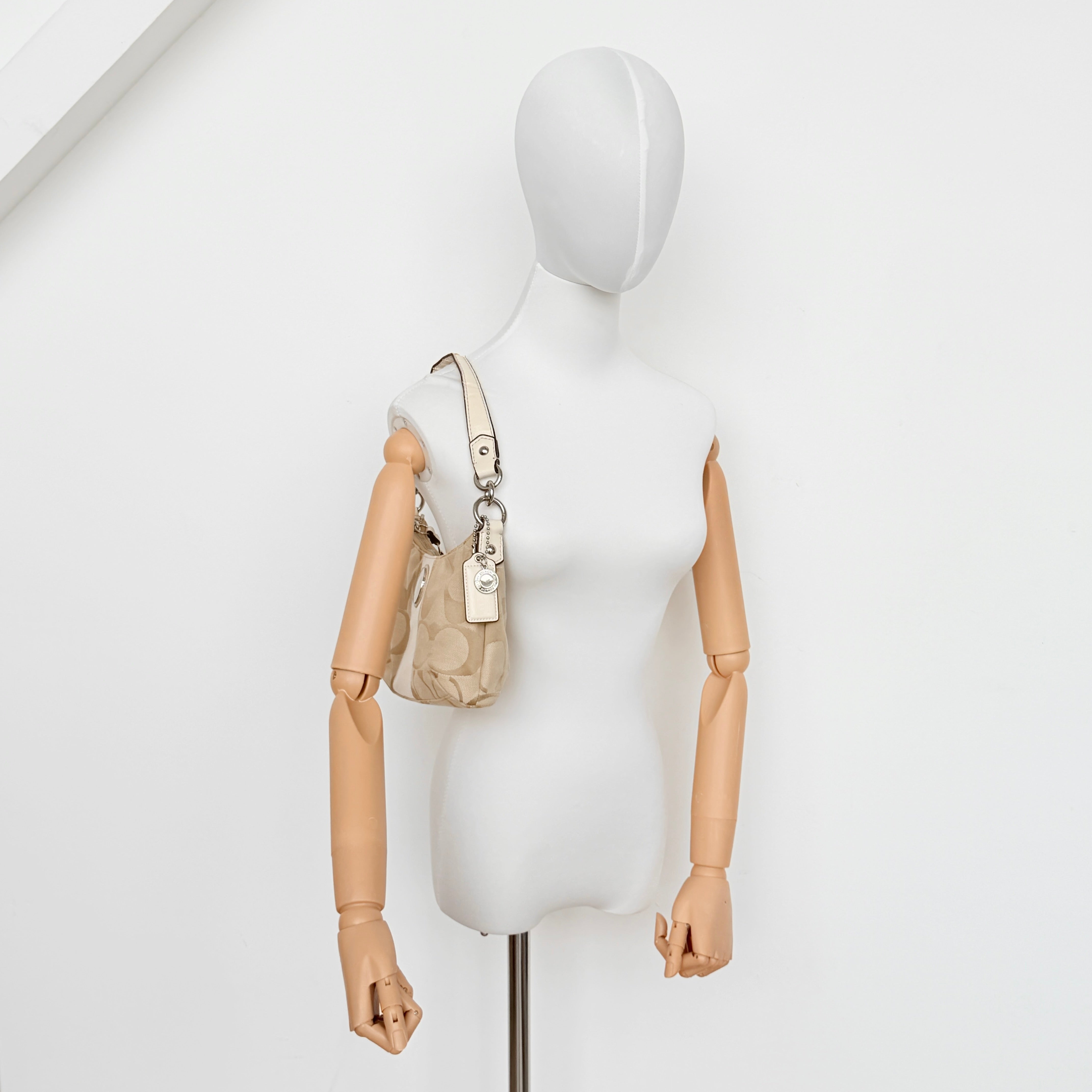 Coach 2Way Signature Stripe Shoulder Bag Beige/White