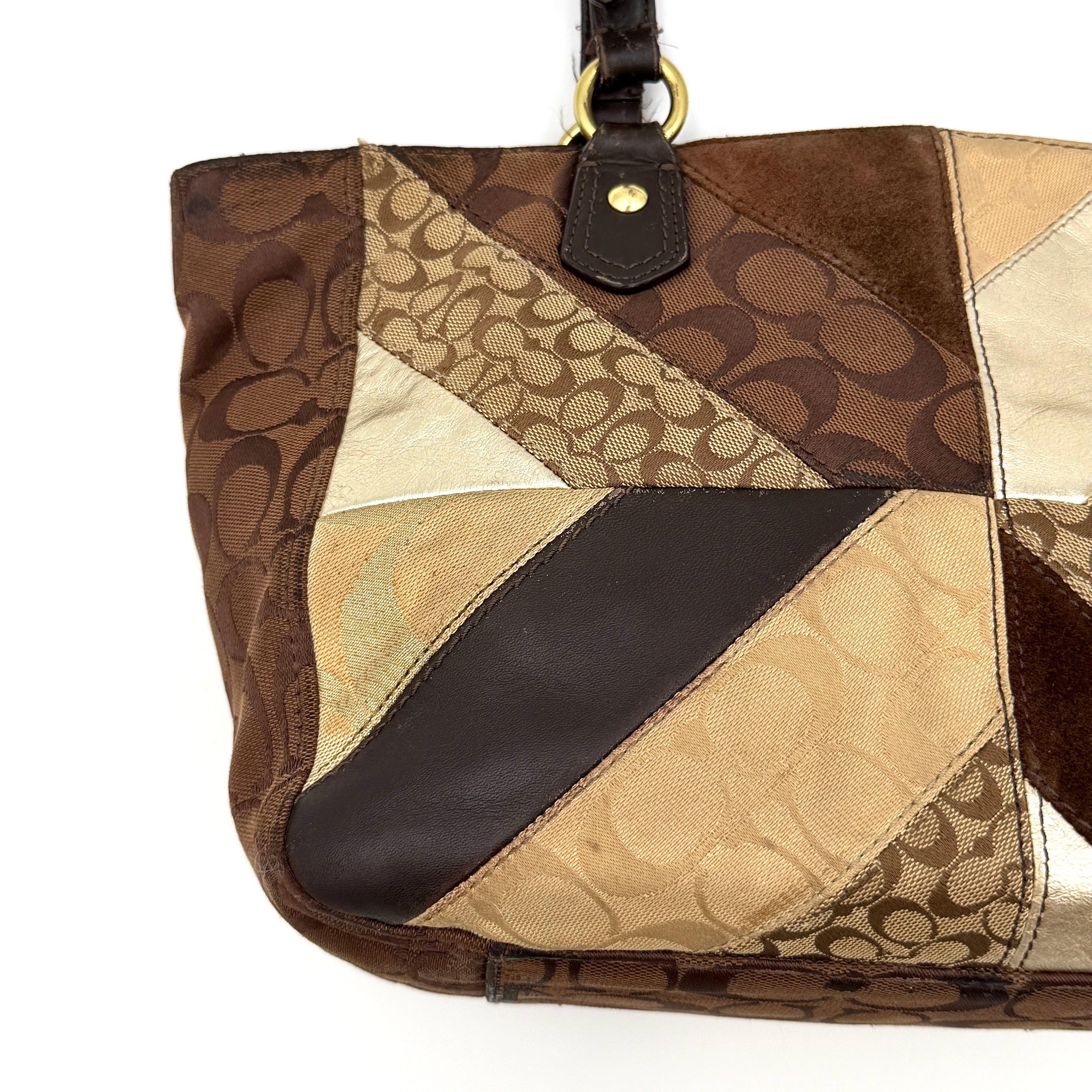Coach Y2K Chevron Patchwork Tote Bag Brown Multicolor