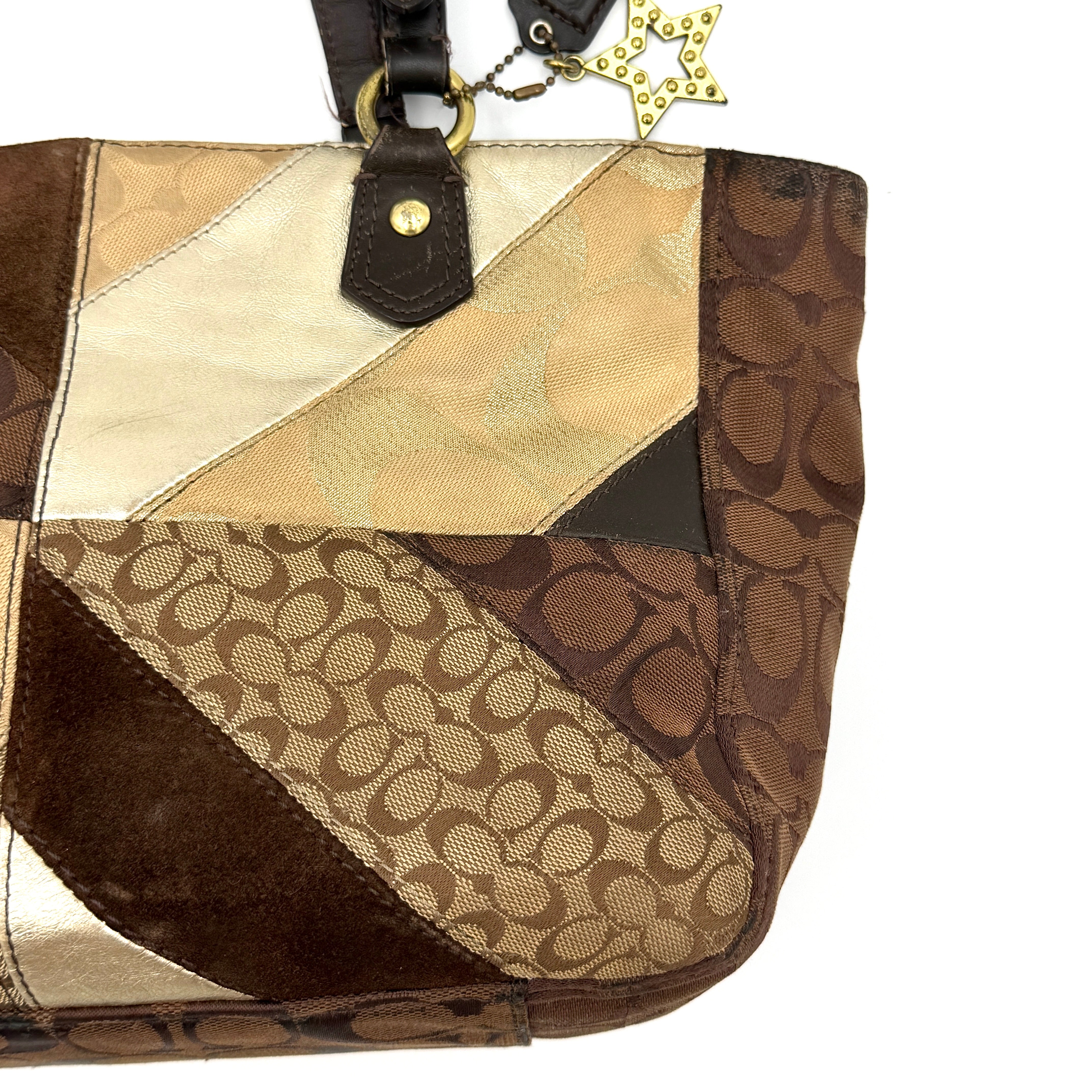 Coach Y2K Chevron Patchwork Tote Bag Brown Multicolor