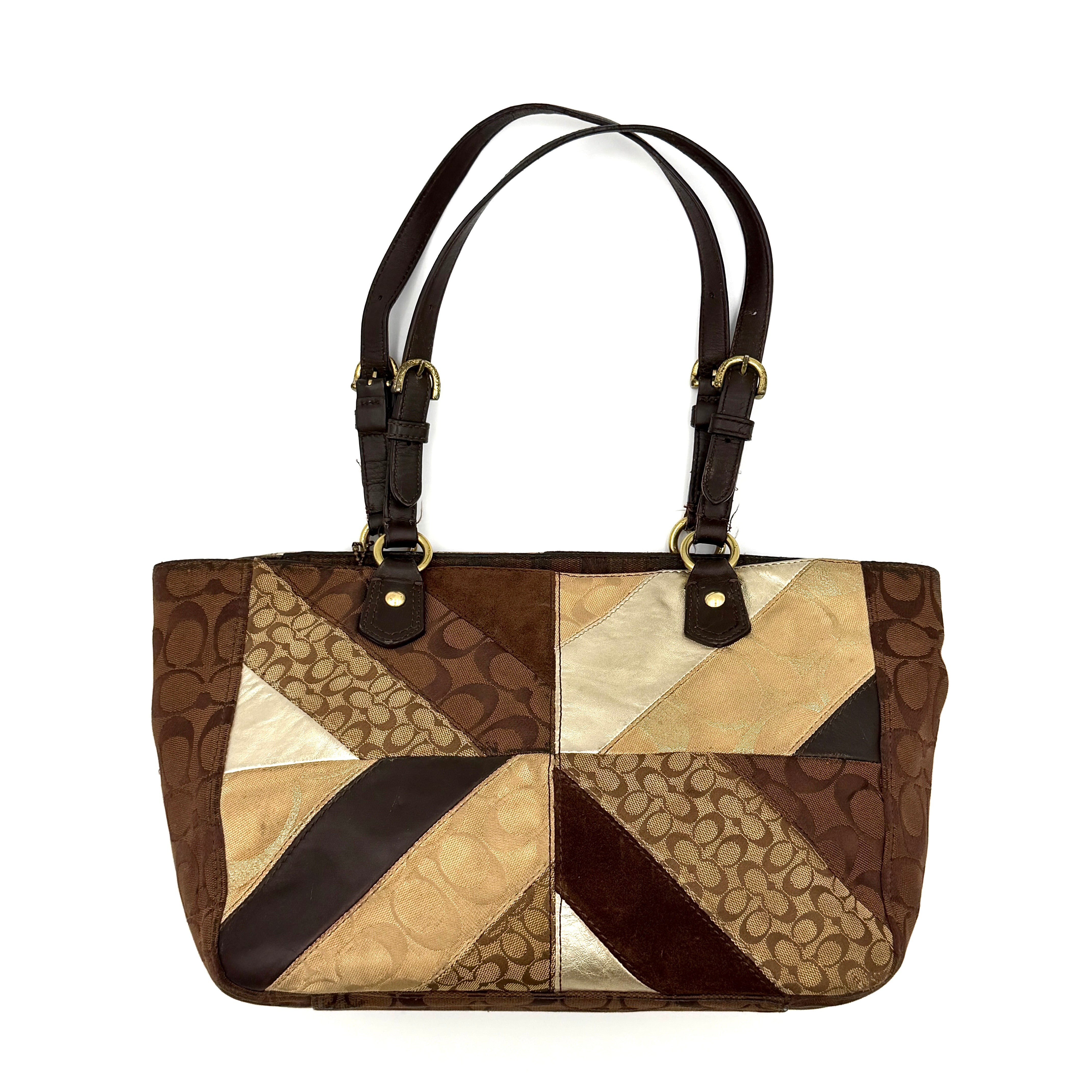 Coach Y2K Chevron Patchwork Tote Bag Brown Multicolor