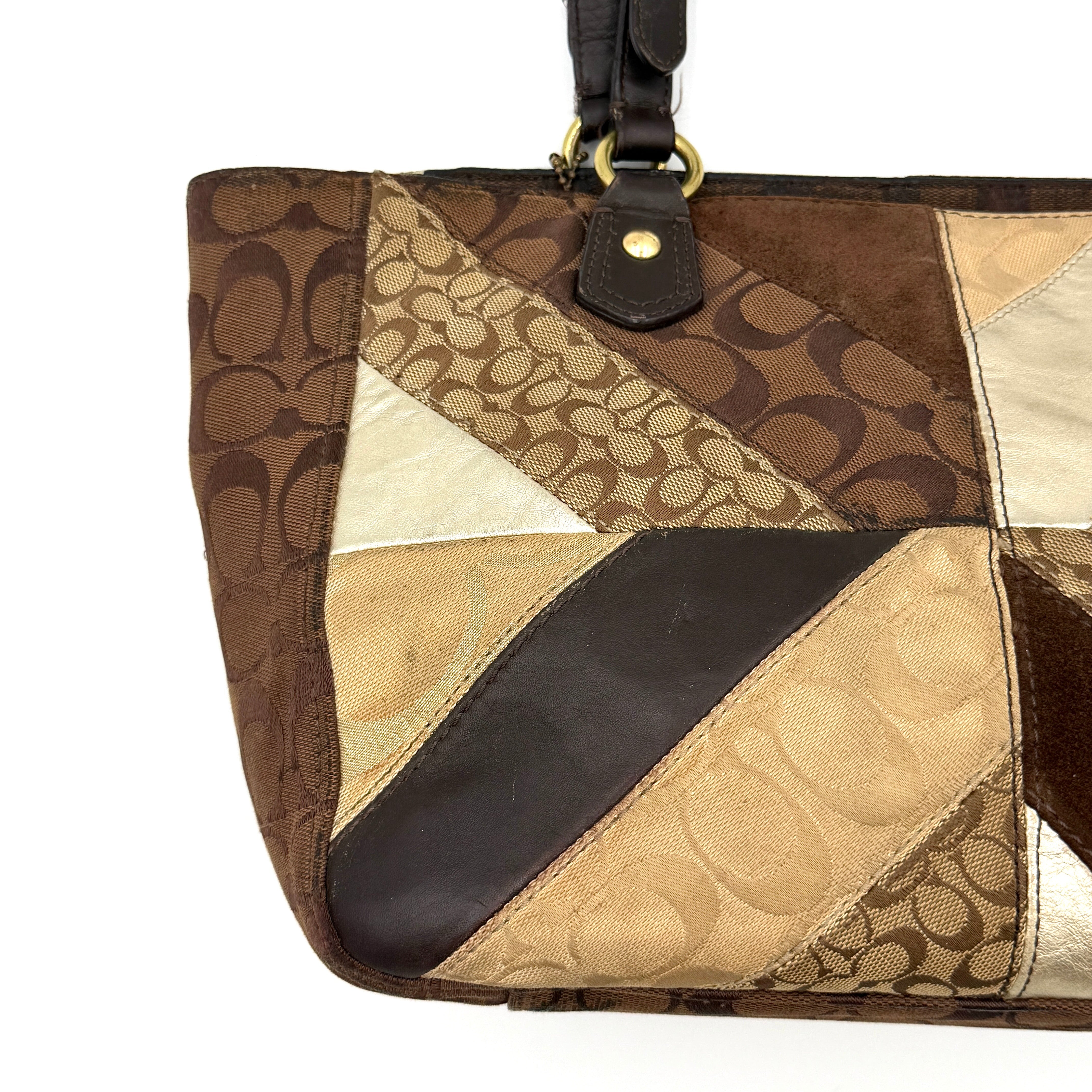 Coach Y2K Chevron Patchwork Tote Bag Brown Multicolor