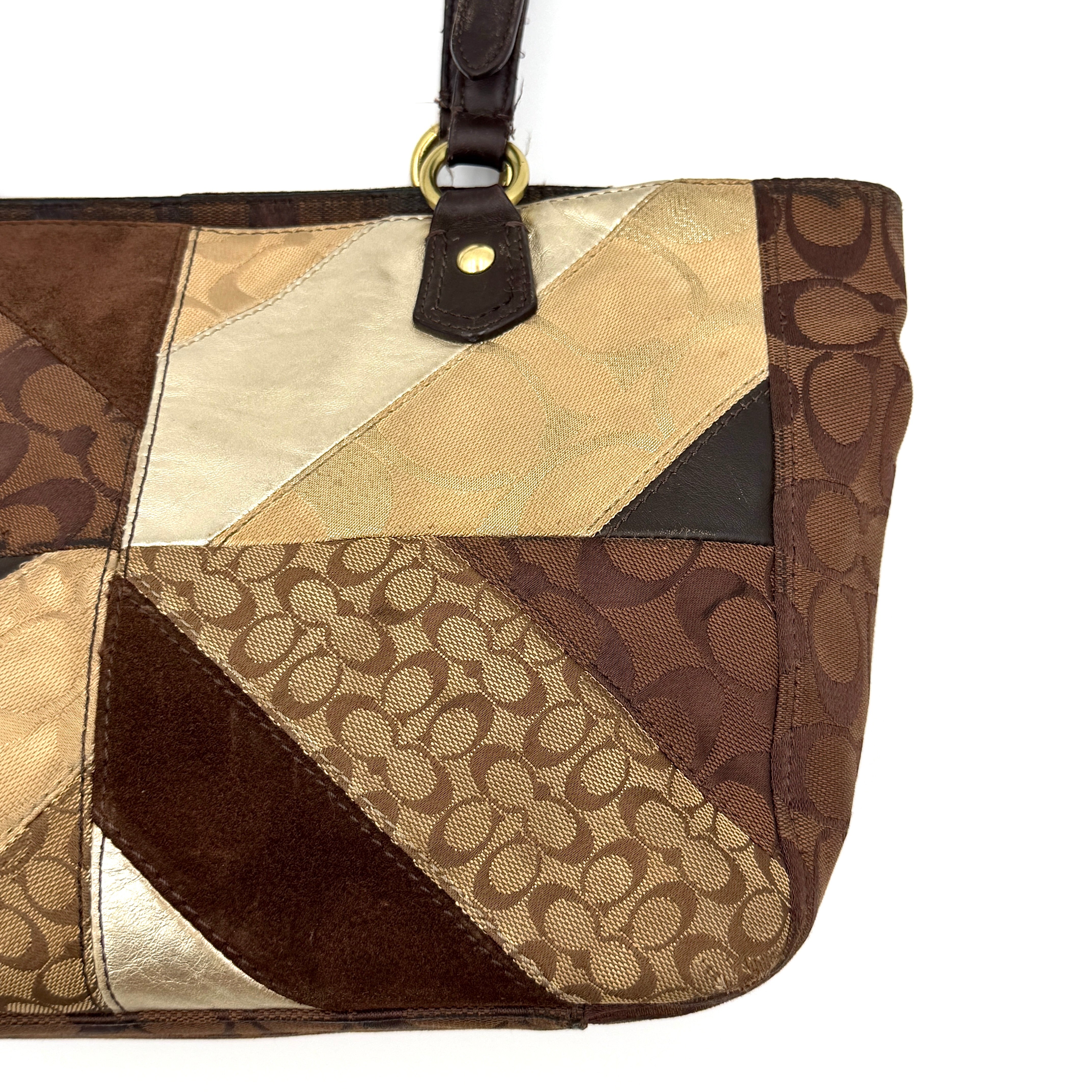 Coach Y2K Chevron Patchwork Tote Bag Brown Multicolor