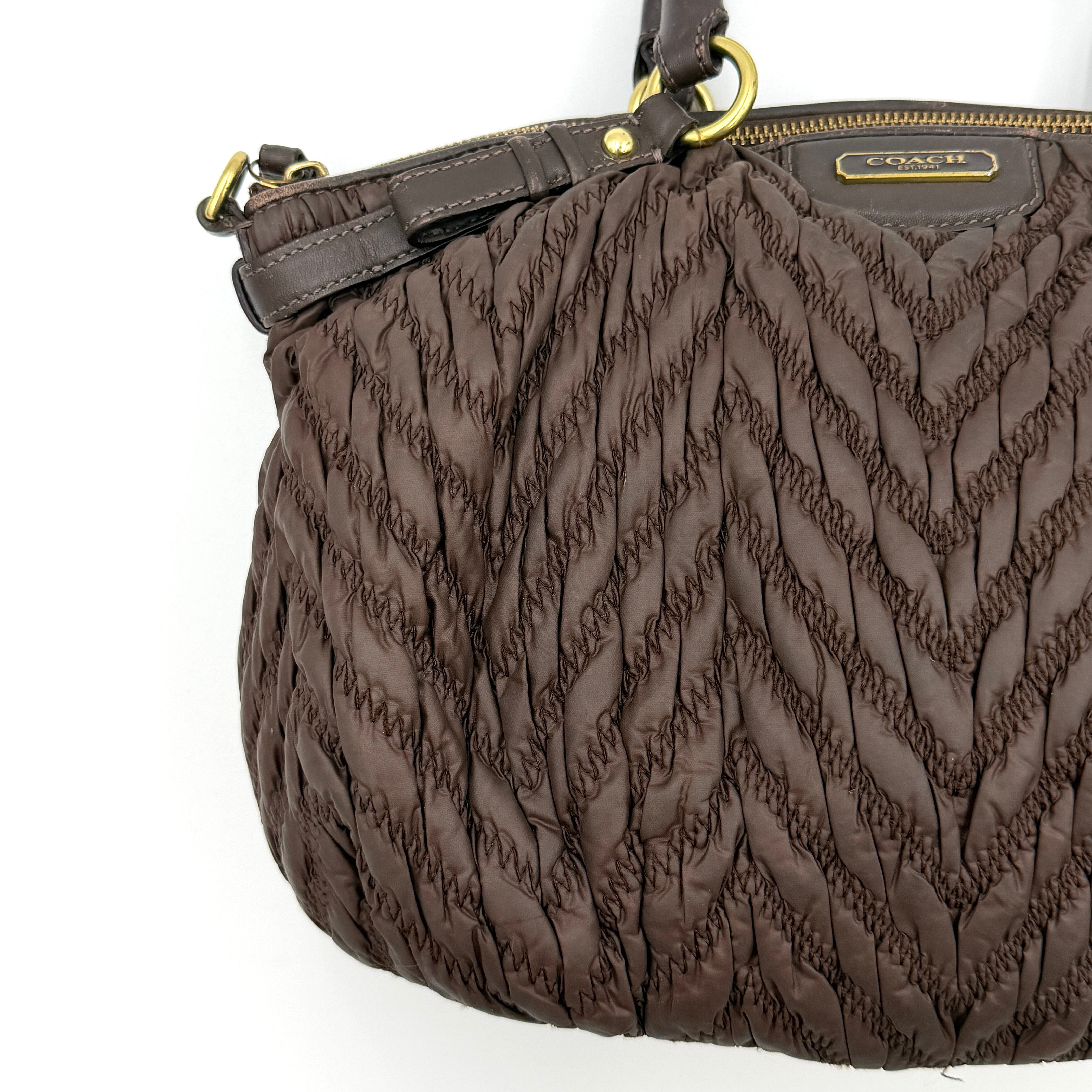 Coach 2Way Madison Chevron Quilted Nylon Shoulder Bag Brown
