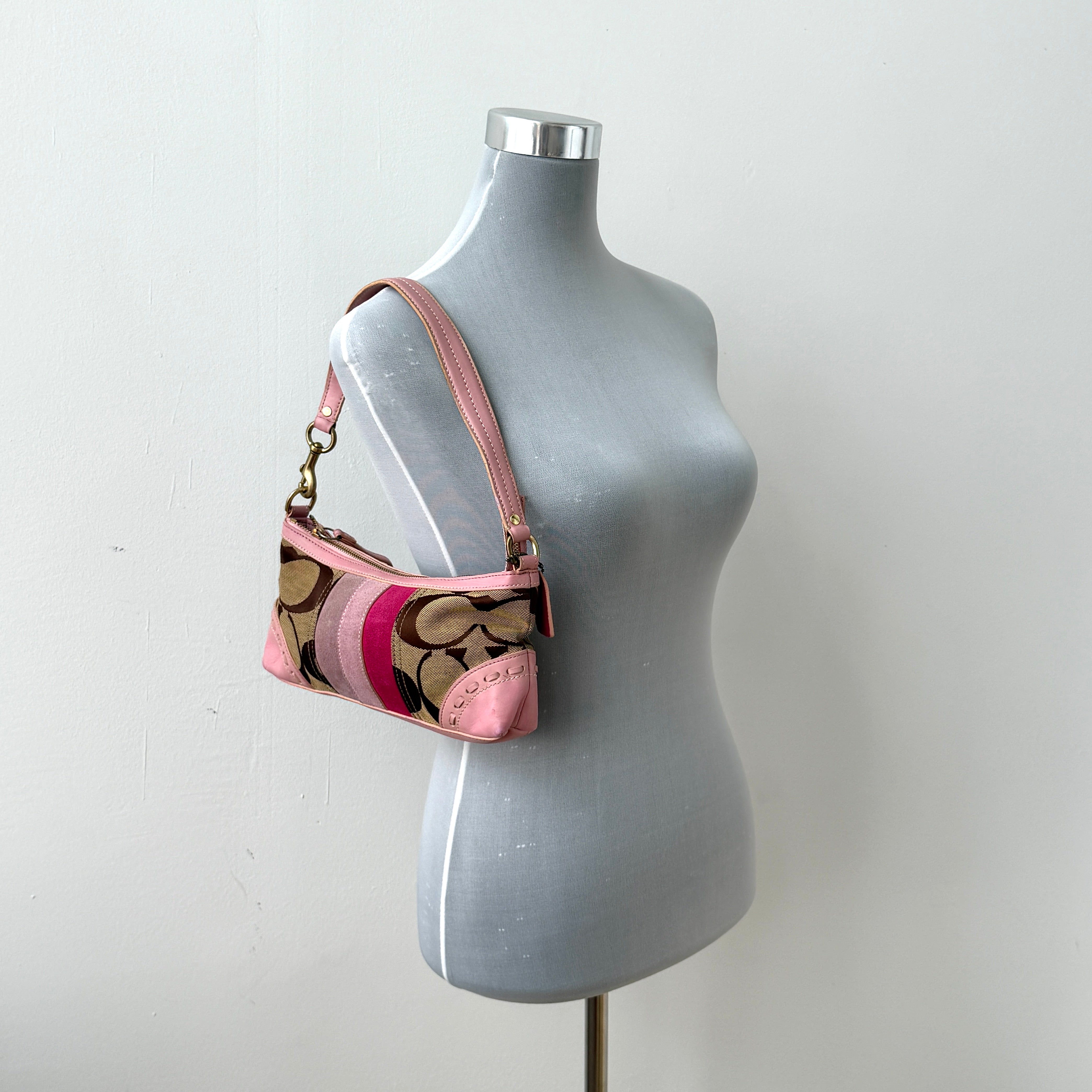 Coach Y2K Stripe Demi Baguette Shoulder Bag Pink/Beige