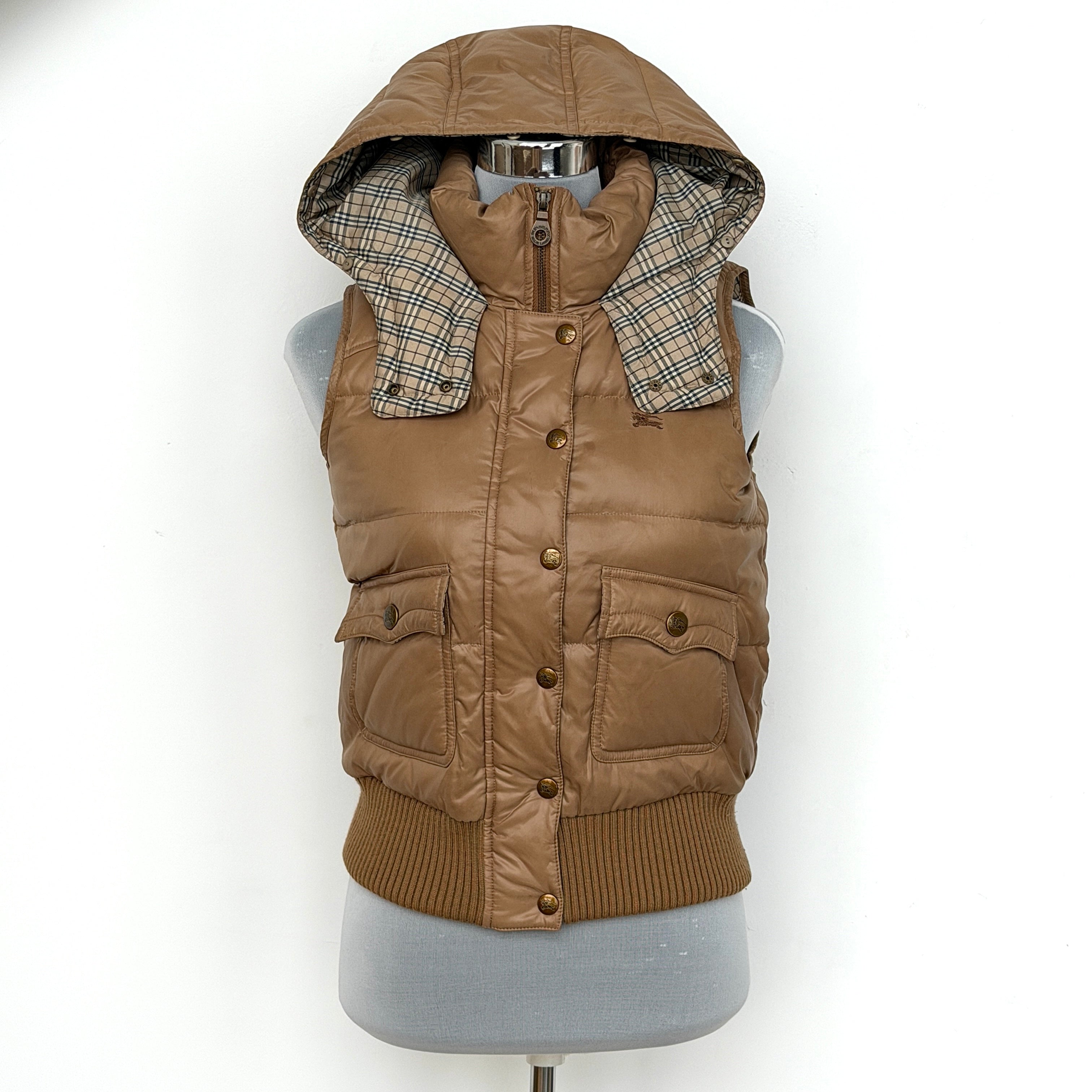 (38) Burberry Blue Label Nova Check Down Puffer Hoodie Vest Beige