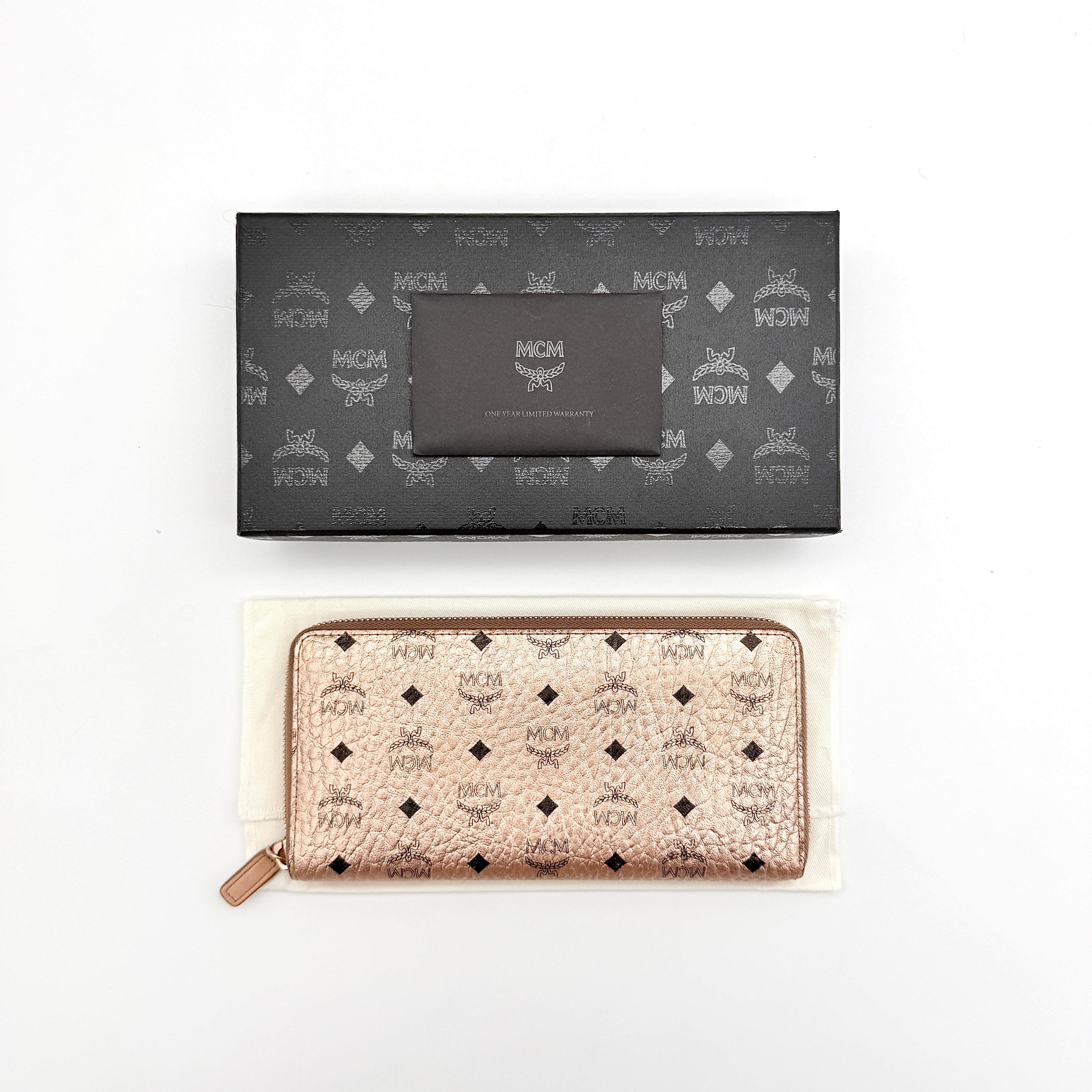 MCM Visetos Monogram Zip Around Wallet Metallic Rose Gold