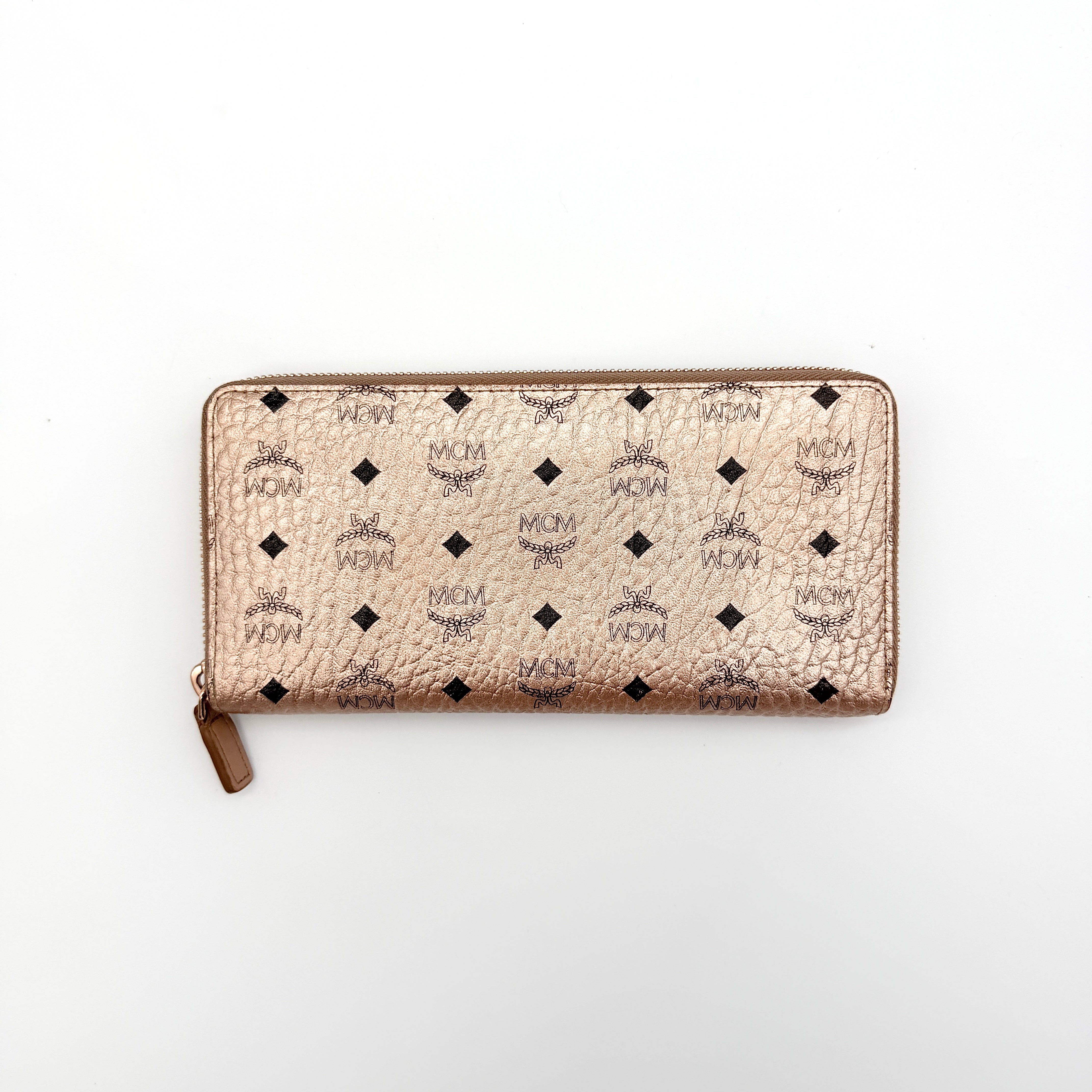 MCM Visetos Monogram Zip Around Wallet Metallic Rose Gold