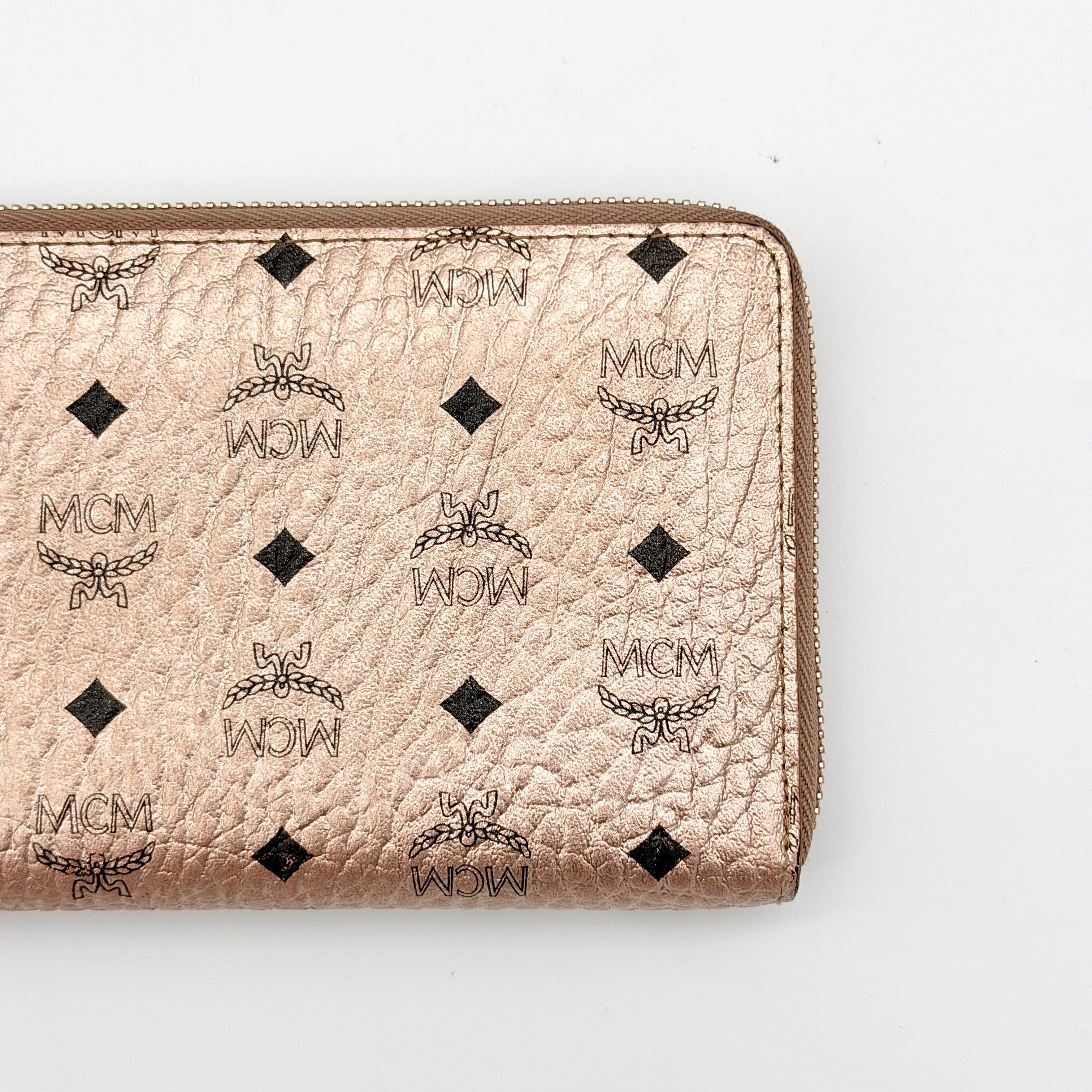 MCM Visetos Monogram Zip Around Wallet Metallic Rose Gold